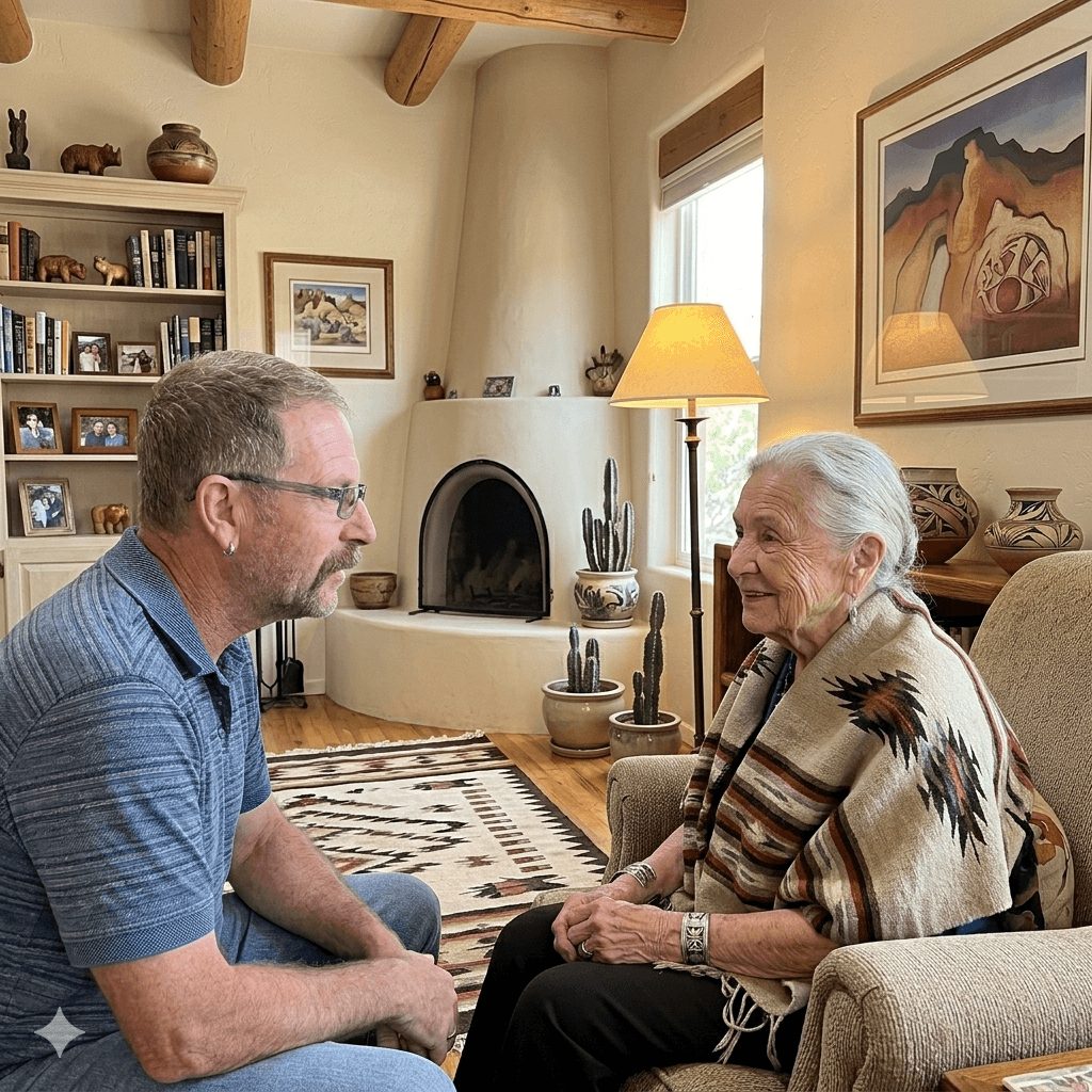 A man and an elderly woman sit facing each other in a cozy living room, smiling and engaging in conversation.