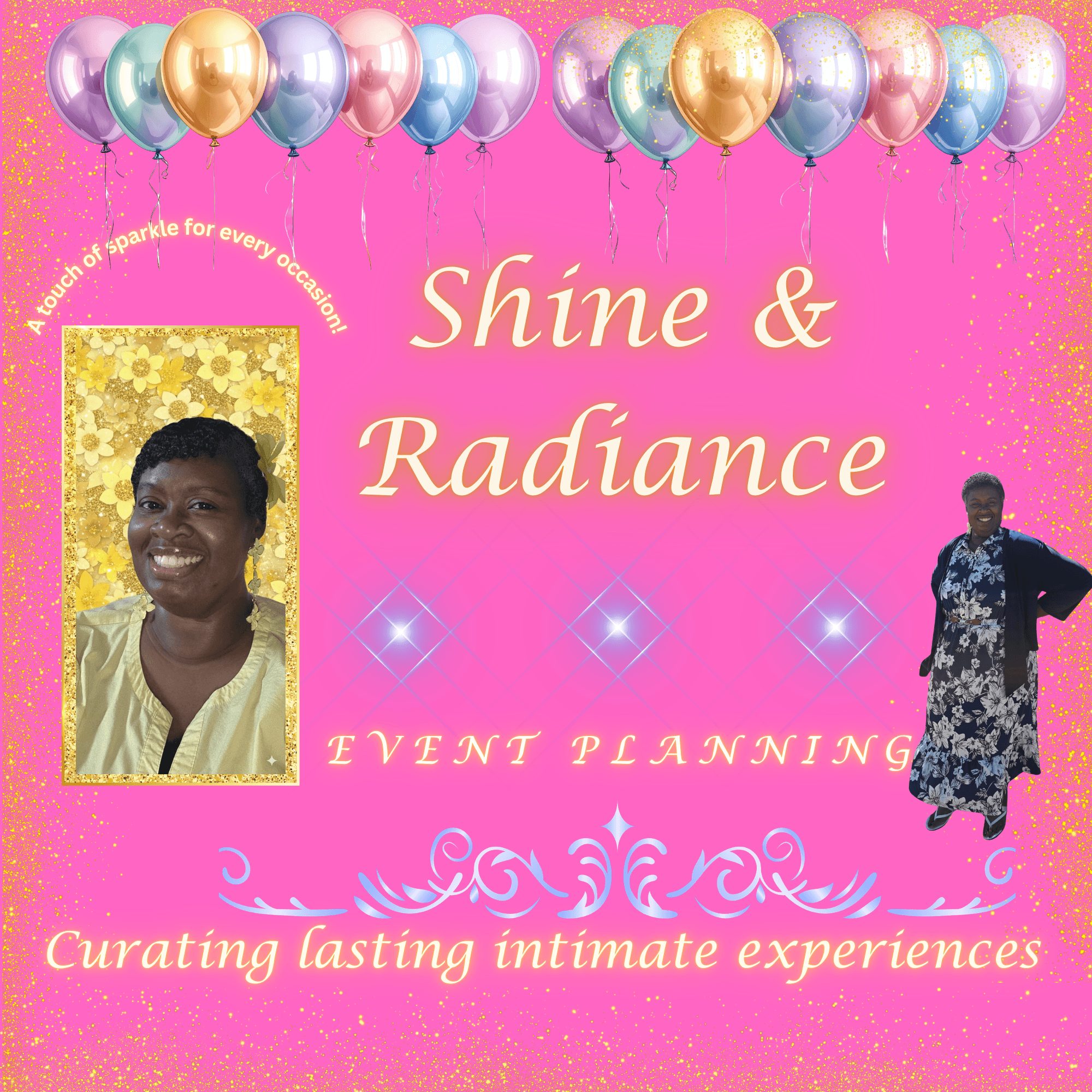 Pink background with balloons, a woman smiling, and a woman speaking on stage, promoting event planning and experiences.