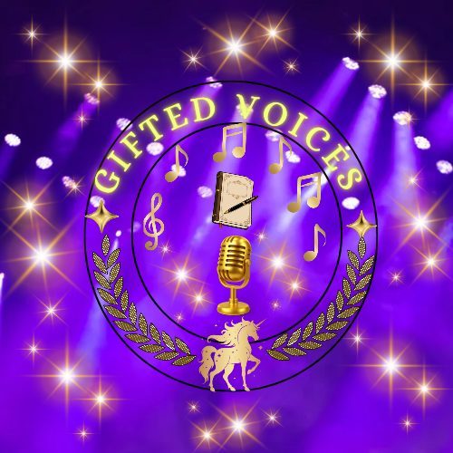 Logo with a purple background, gold text reading 'Gifted Voices', a microphone, musical notes, and a unicorn with laurel branches.