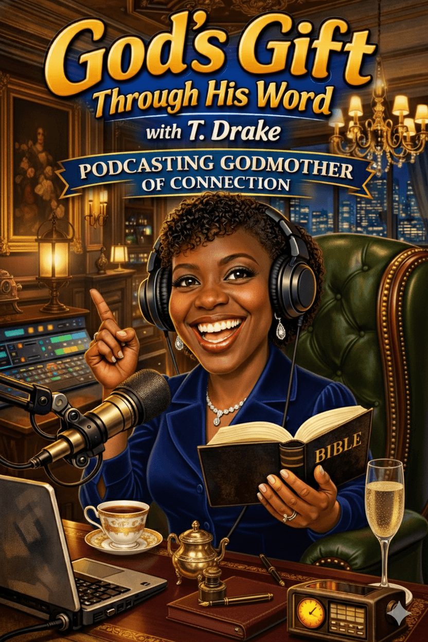 Woman with headphones speaking into microphone, holding Bible, in a studio with books and glasses on table.