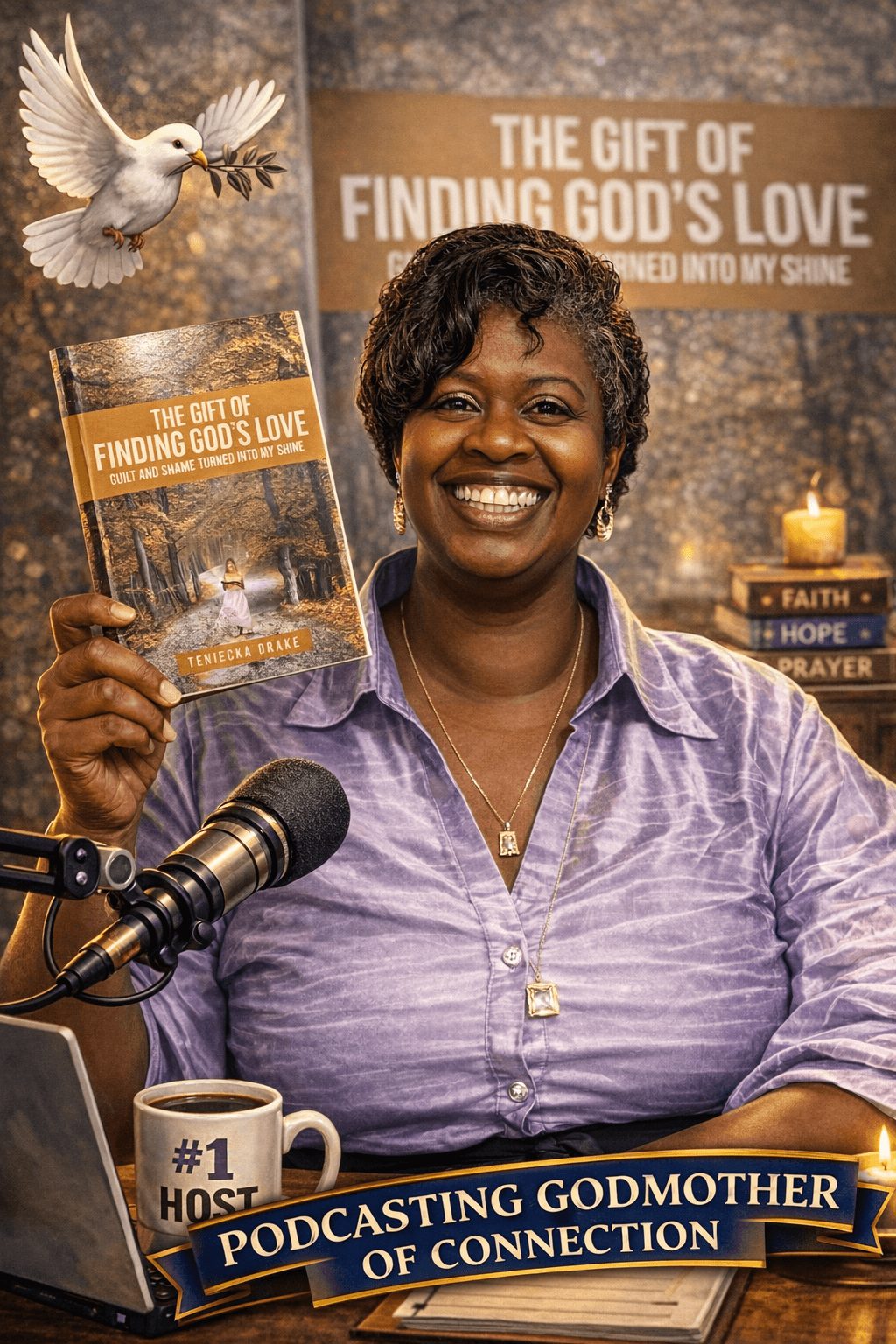 Woman smiling holding a book titled 'The Gift of Finding God's Love' at a podium with a banner about podcasting.