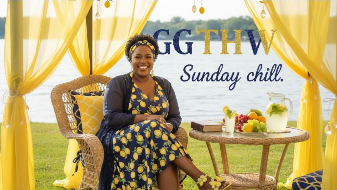 Woman sitting on a chair outdoors with yellow curtains and a table with drinks and fruit behind her.