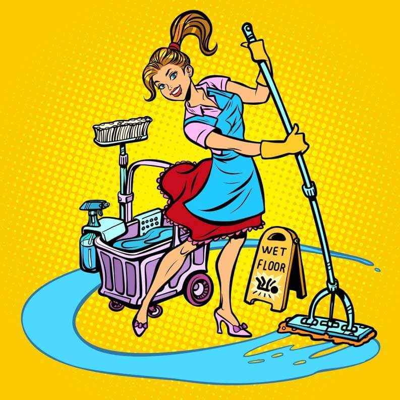 Woman mopping floor with cleaning cart and wet floor sign on yellow background.