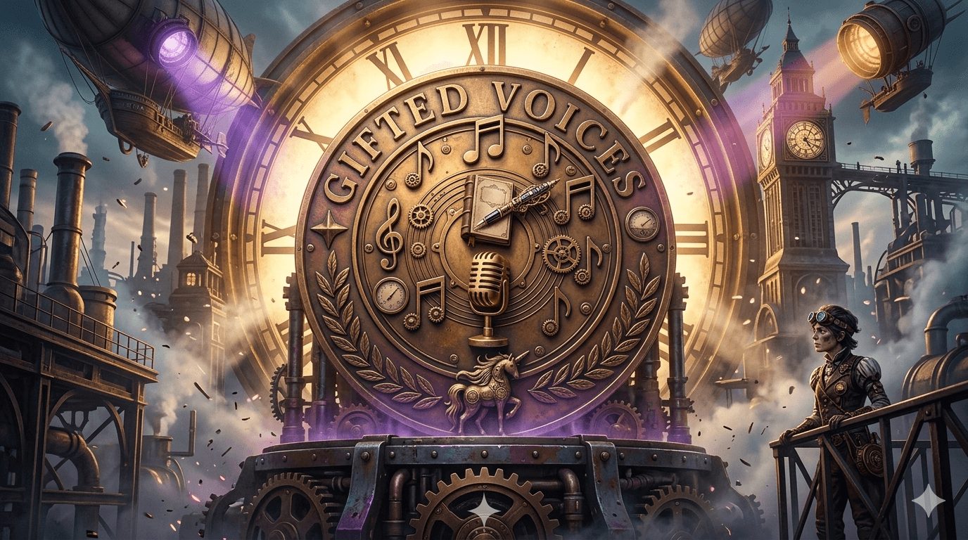 Large clock with musical symbols and the words 'United Voices' in a steampunk setting with machinery and a person nearby.