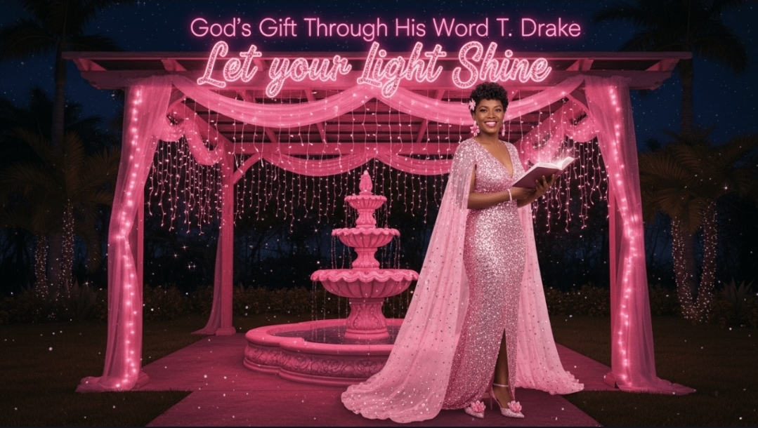 Woman in pink gown standing in front of pink fountain and decorated arch with pink drapes and lights.