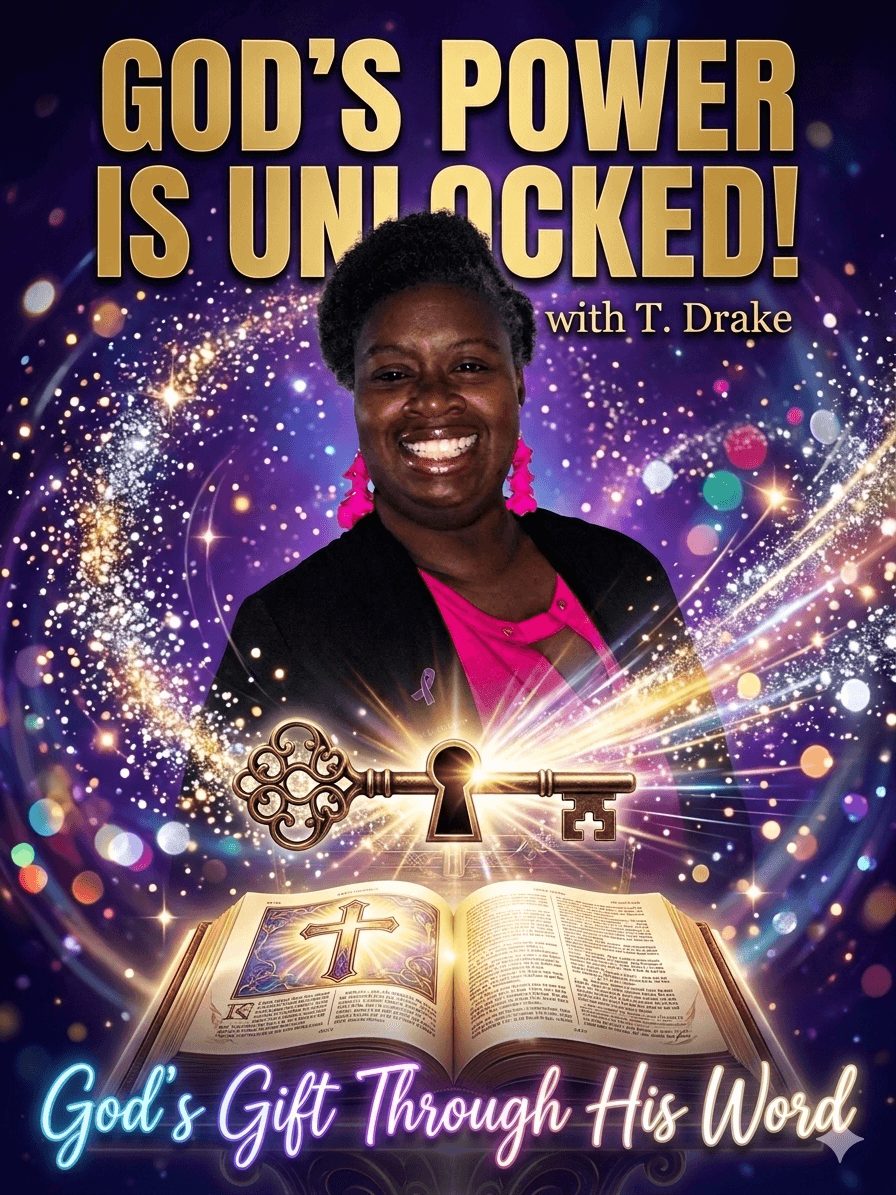 Smiling woman with open Bible, glowing key and keyhole, colorful background, text about God's power and gift.