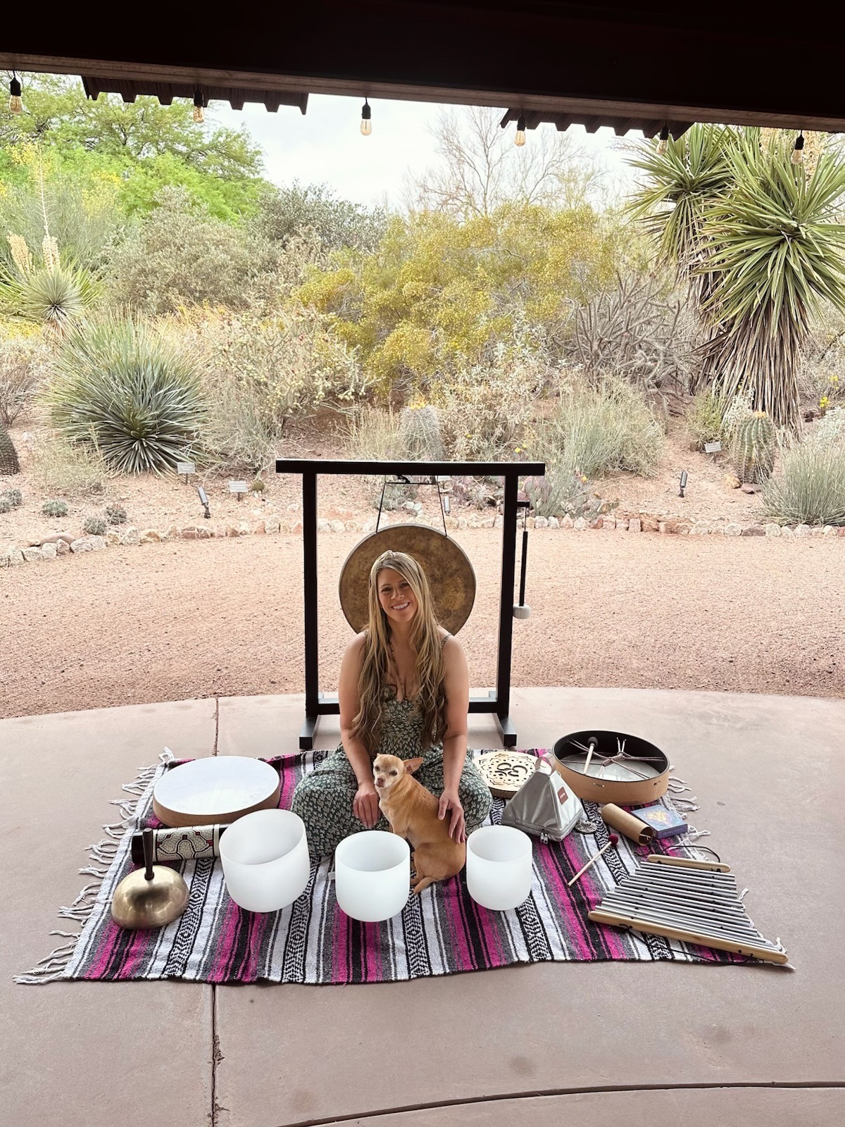 Person sitting on a colorful striped rug with a dog, surrounded by musical instruments outdoors with desert plants.