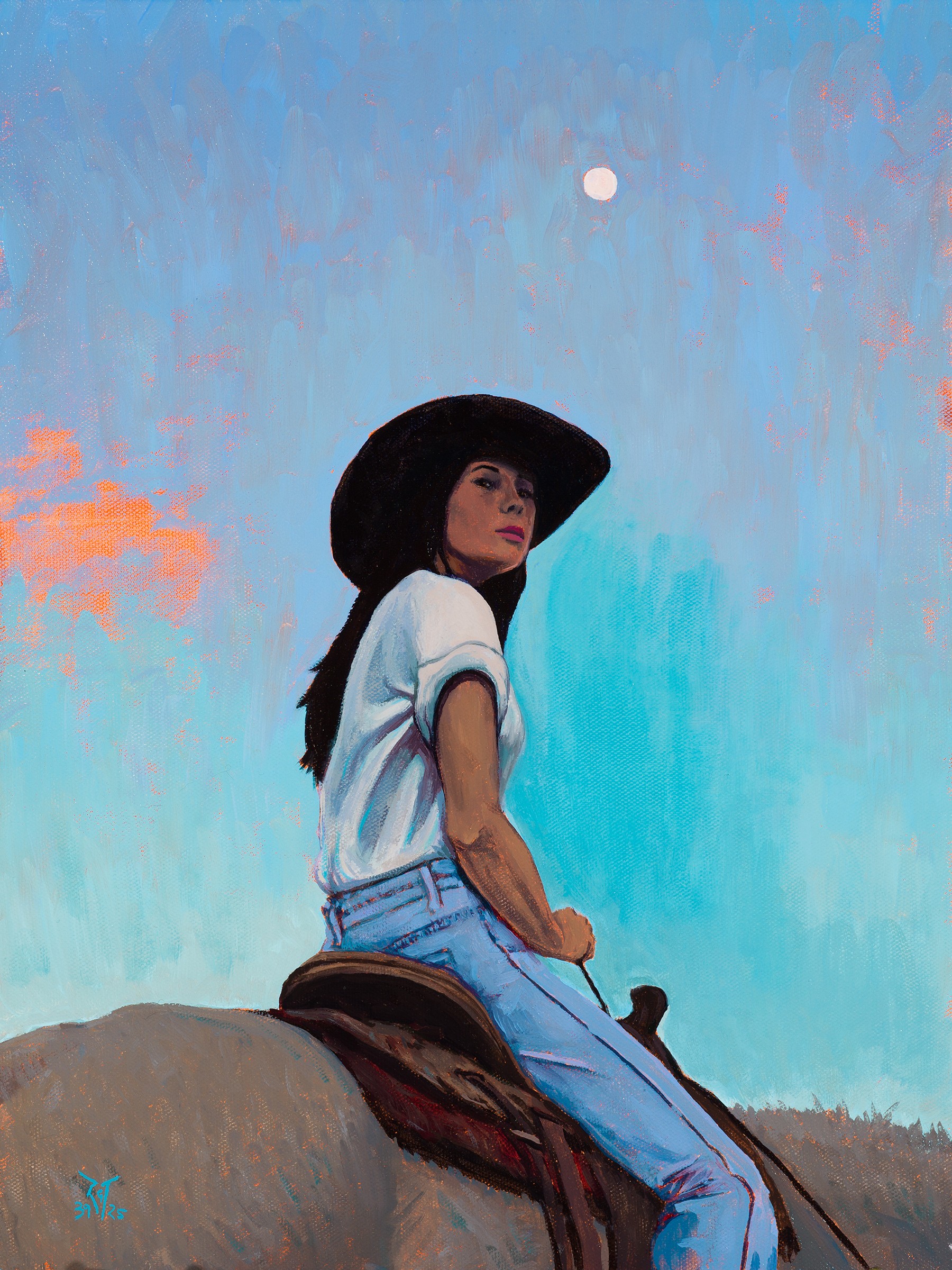 Woman with large hat sitting on a rock under a blue sky with a visible moon.
