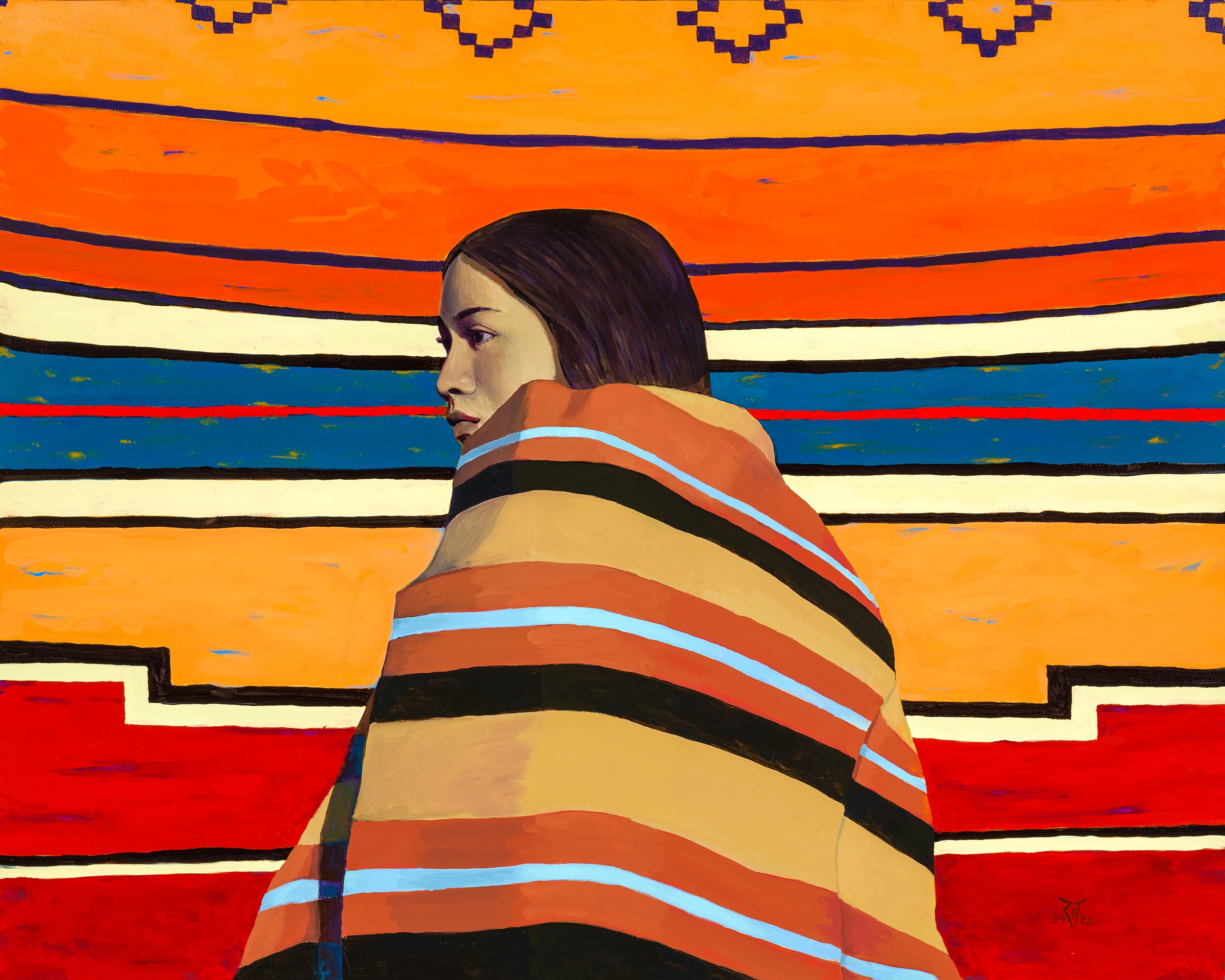 Woman wrapped in striped fabric against a colorful, patterned background.