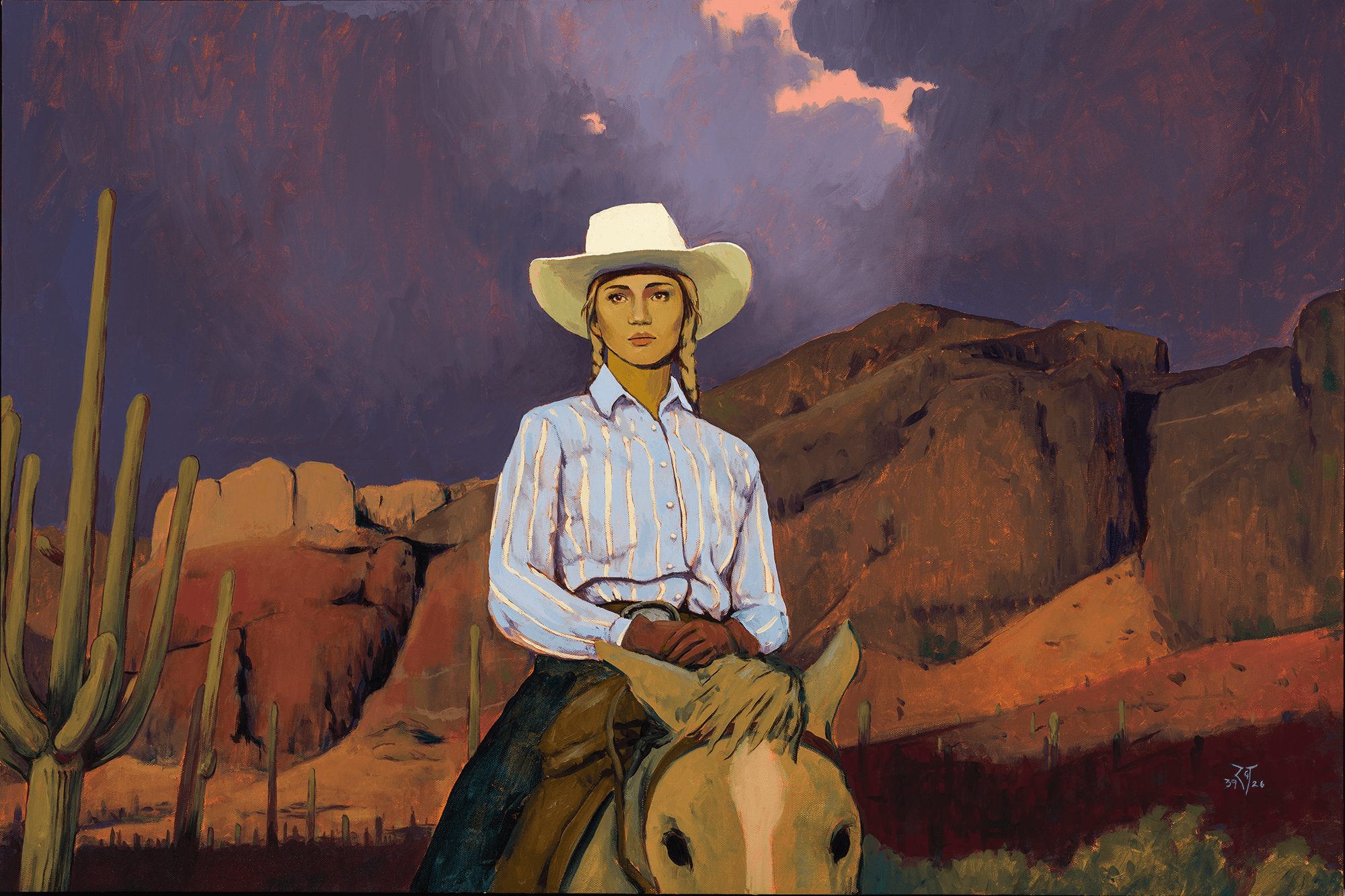 Woman wearing a white hat and striped shirt sitting on a horse in a desert landscape with rocks and cacti.