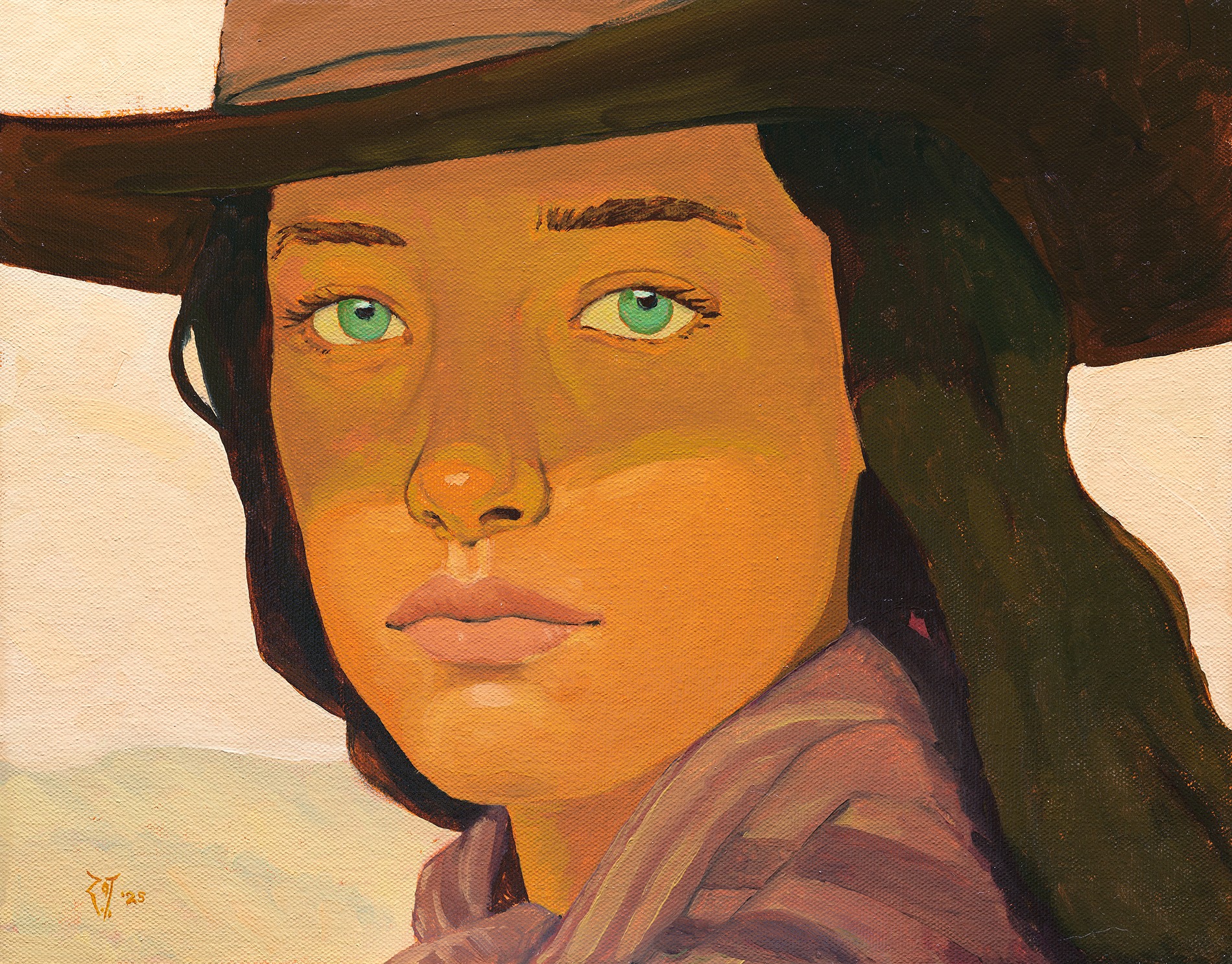 Portrait of a woman with blue eyes wearing a wide-brimmed hat and a scarf, looking directly at the viewer.