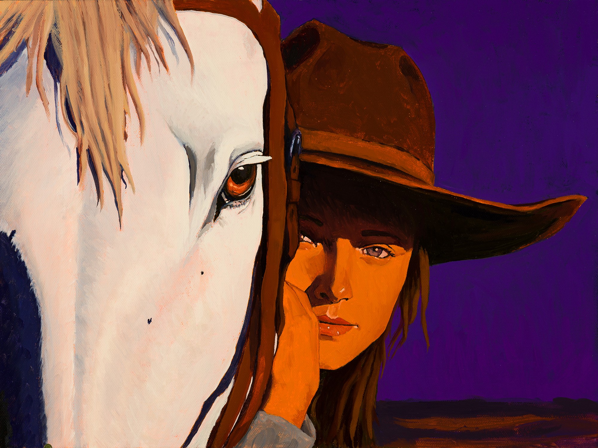 A woman wearing a large hat and a horse with a white face and brown mane, both facing forward.