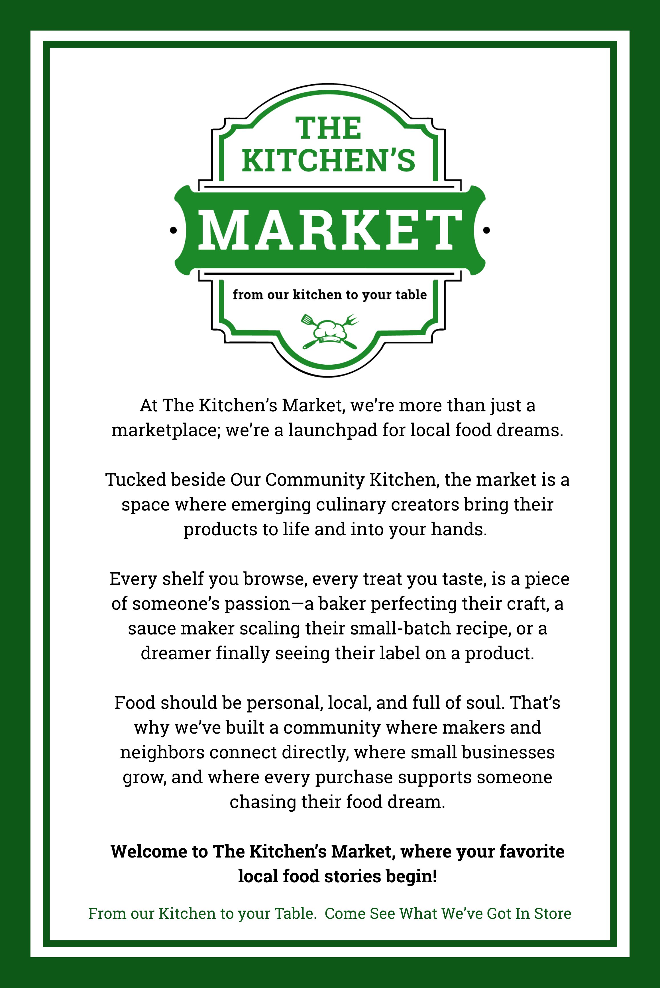 Sign for The Kitchen's Market with green and white design, text about local food and community, and a welcome message.