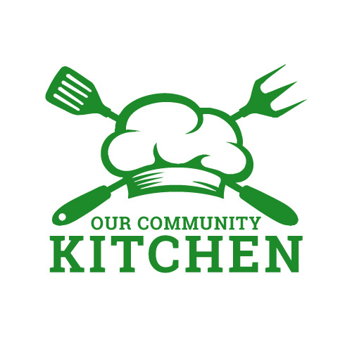 Logo with a chef's hat, fork, spatula, and knife, and text 'Our Community Kitchen' in green.