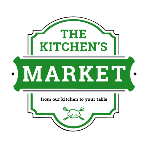 Circular logo with green and white text reading 'The Kitchen's Market' and a small illustration of a vegetable.