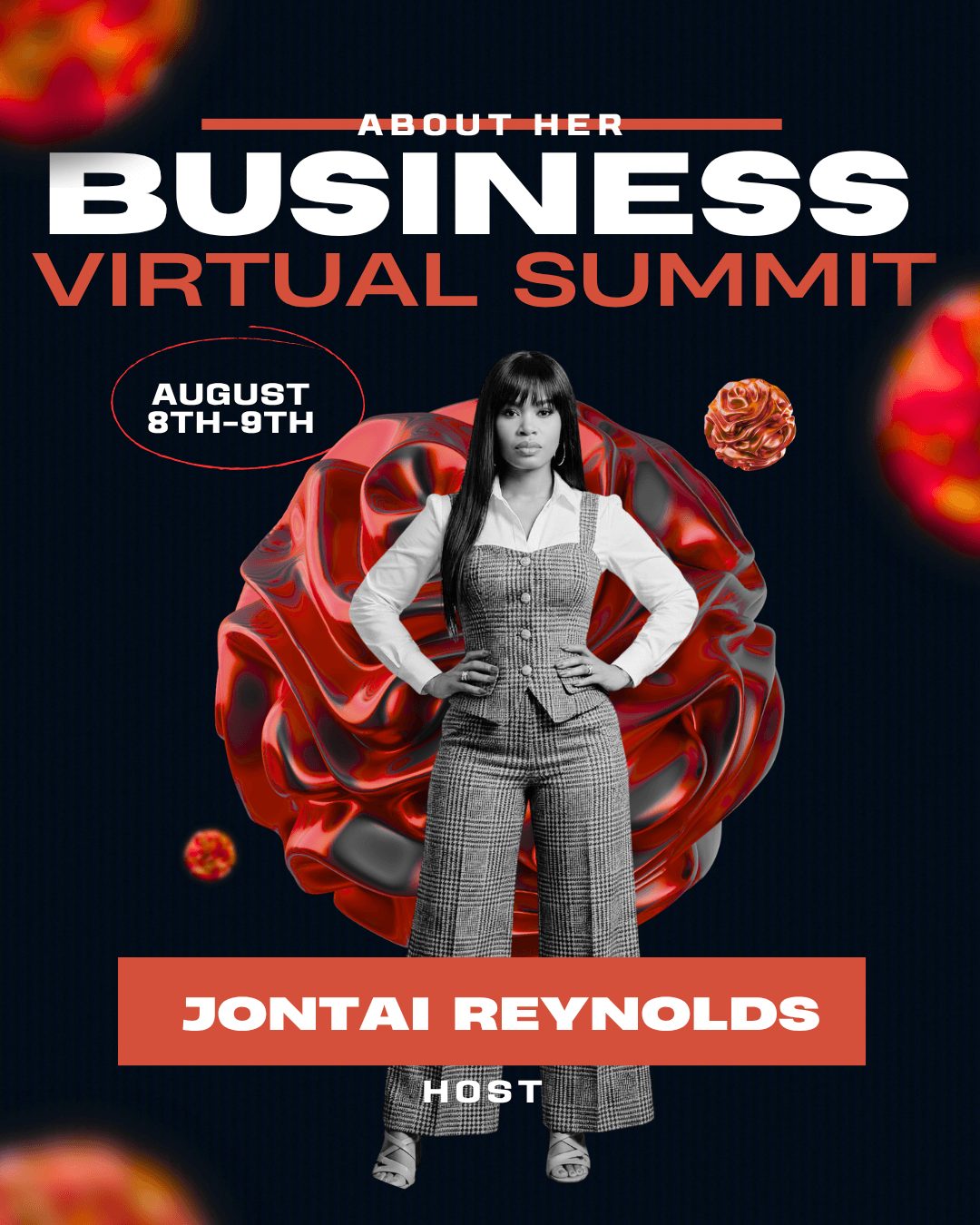 Black and white woman standing with hands on hips in front of a red abstract background, promotional poster for virtual summit.