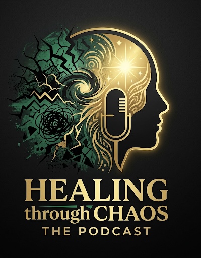 Silhouette of a person's head with a microphone, surrounded by chaotic and calming elements, representing healing through chaos.