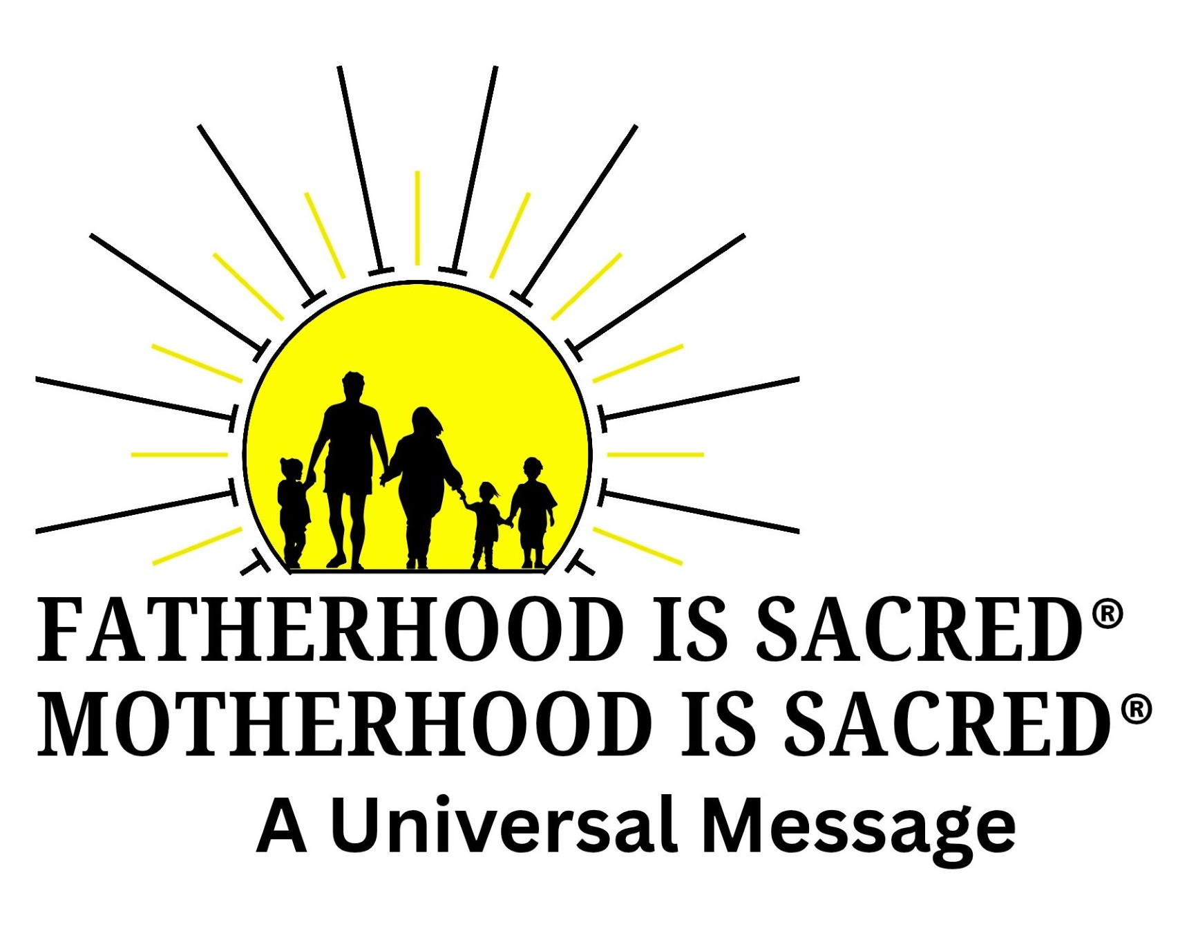 Silhouette of a father and children under a sun with rays, with text about fatherhood and motherhood being sacred.