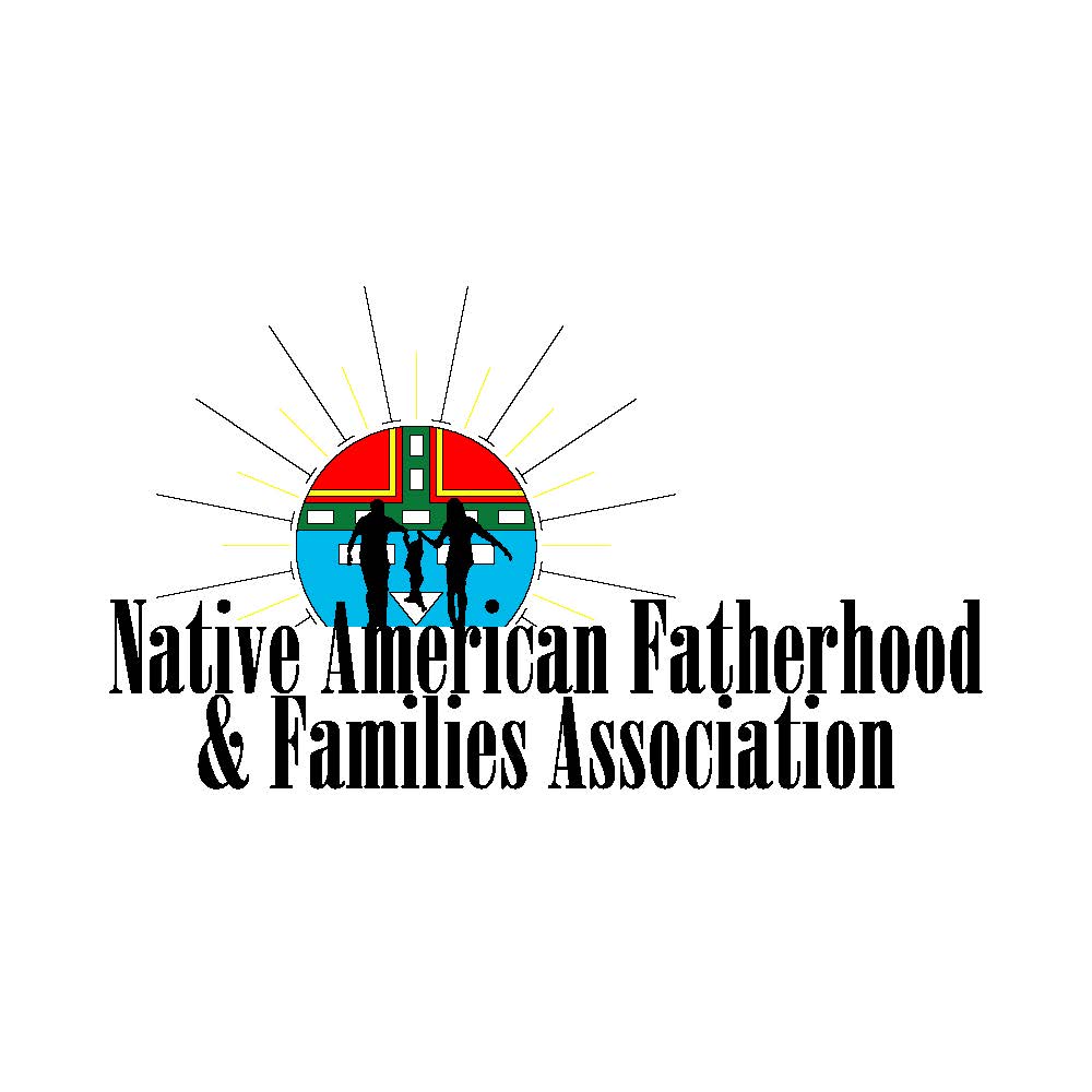 Logo with a circular emblem featuring two figures and a sunburst, with text below reading Native American Fatherhood & Families Association.