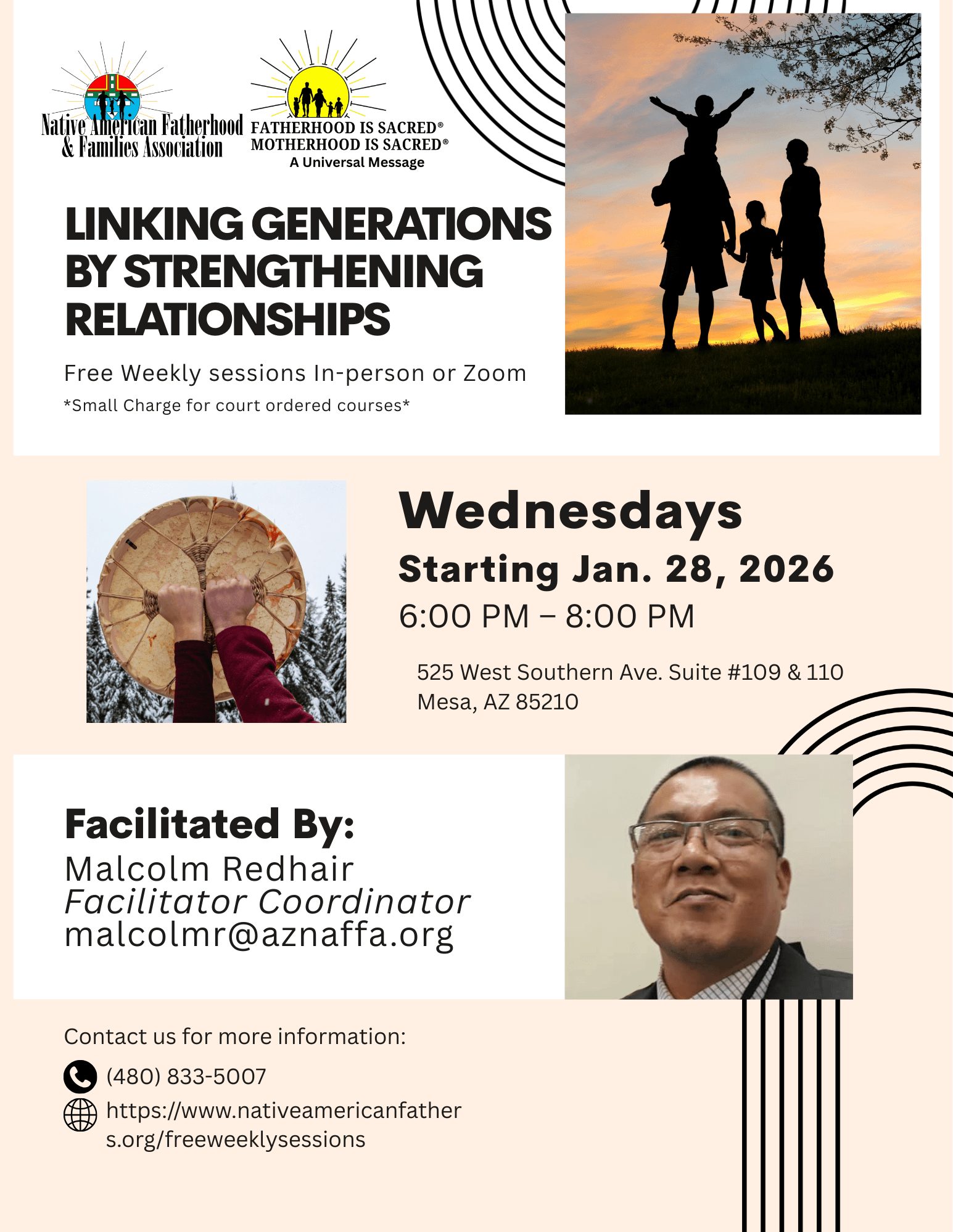 Flyer promoting a weekly event on Wednesdays starting January 28, 2026, at 525 West Southern Ave, Mesa, Arizona, facilitated by Malcolm Redhair.