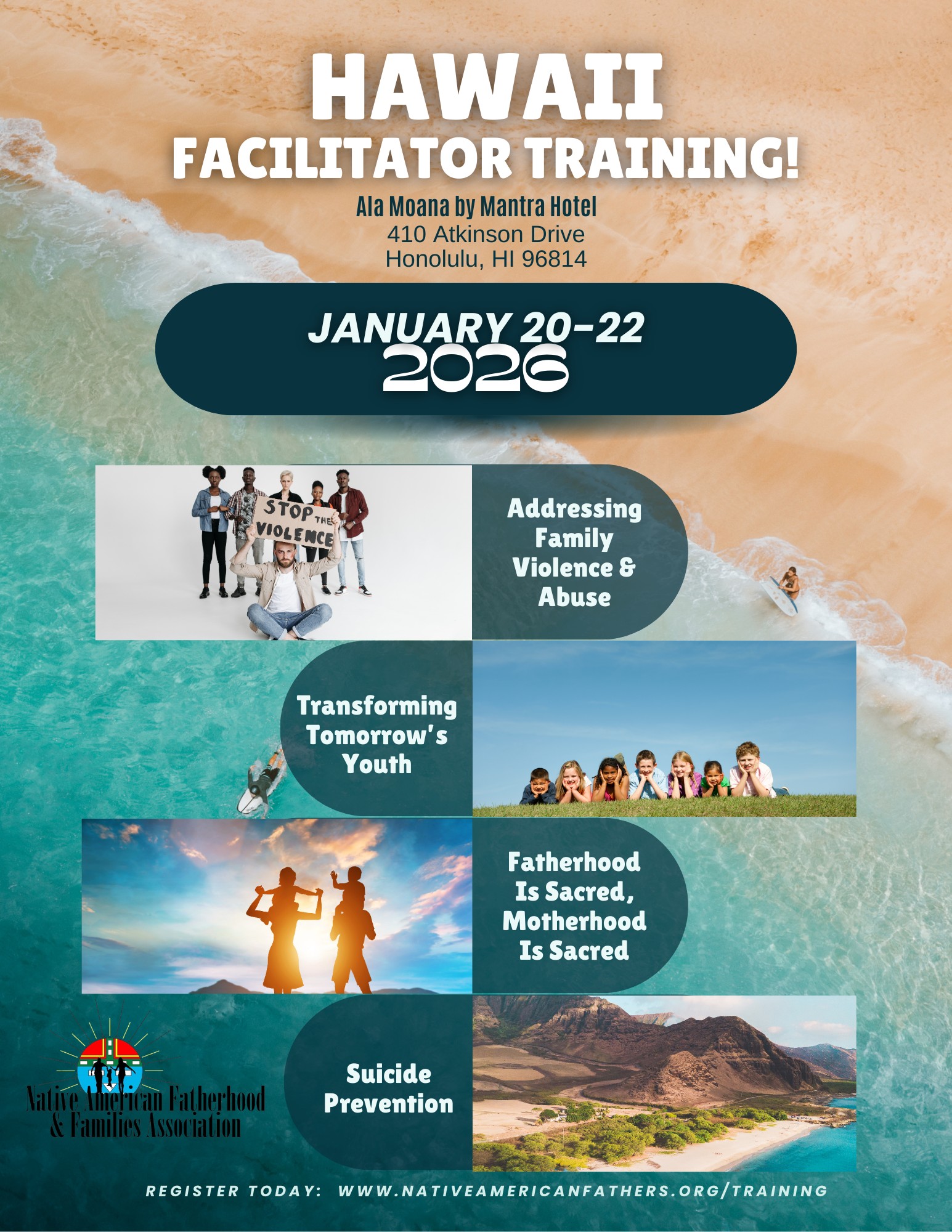 Poster for Hawaii facilitator training with event dates, location, and topics on family violence, youth, fatherhood, and suicide prevention.
