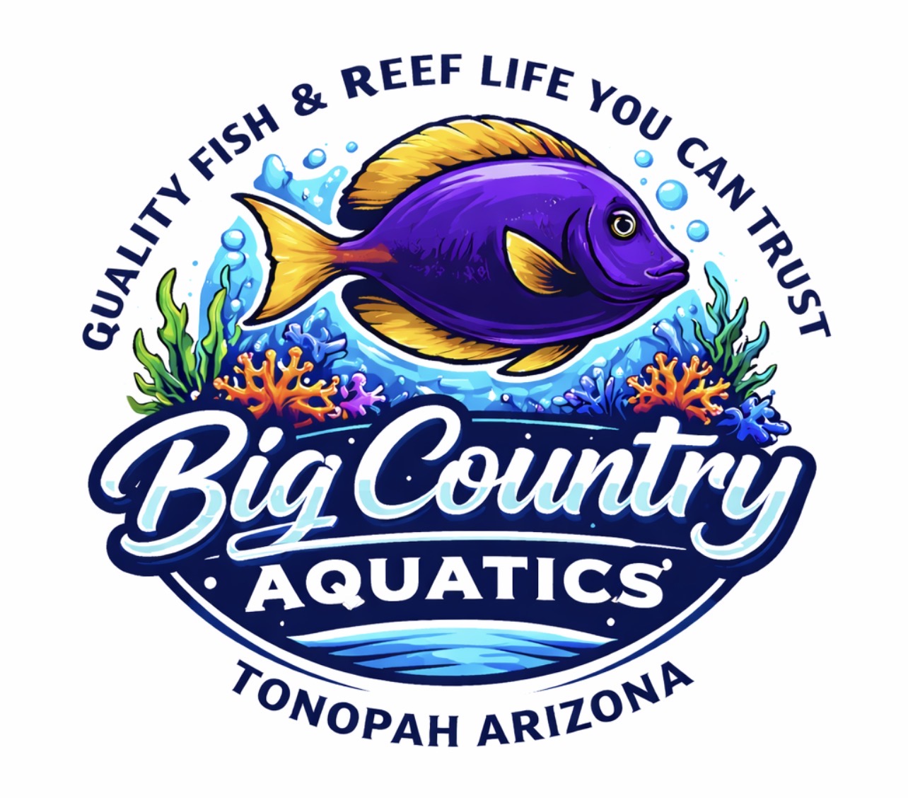 Colorful fish swimming among coral and seaweed with text about aquatics and location in Arizona.