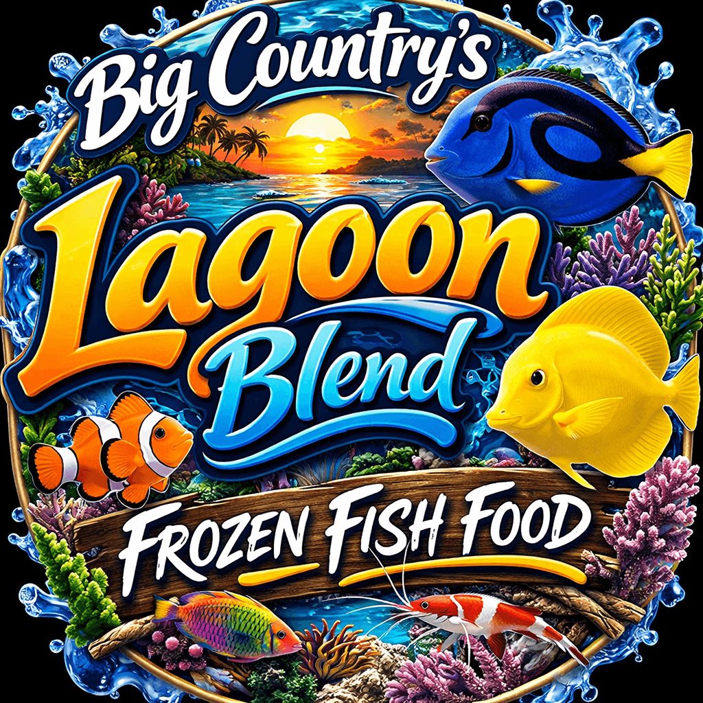 Colorful label with fish, coral, sunset, and text for frozen fish food product.