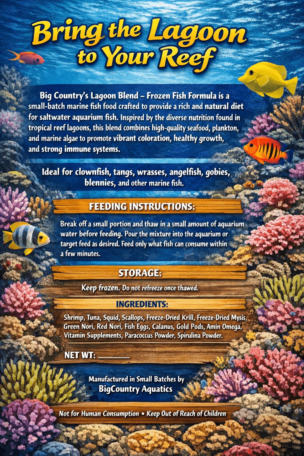 Aquarium sign promoting lagoon to reef fish food with colorful coral and fish images, and feeding instructions.
