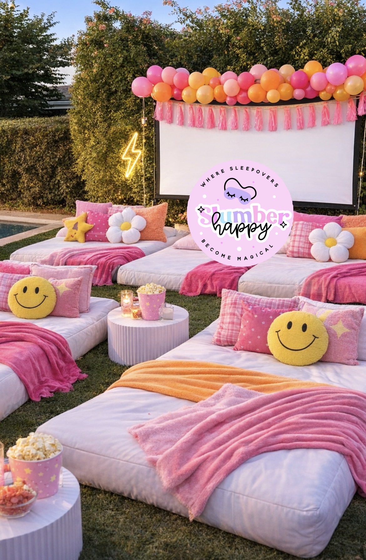 Outdoor party setup with mattresses, pillows, balloons, and a screen, decorated with pink and yellow accents and smiley face pillows.