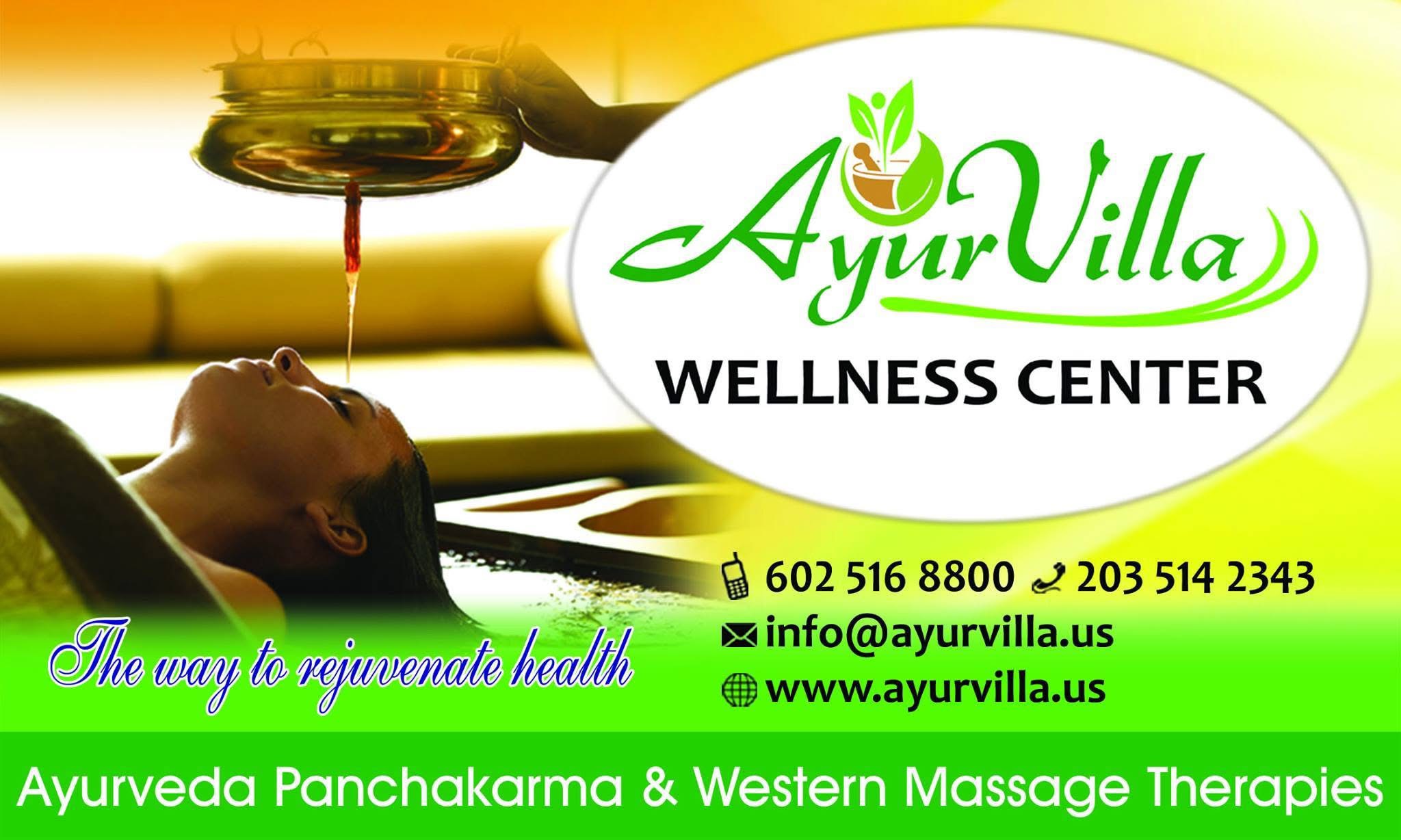 Person receiving oil massage with a dropper, wellness center sign, contact info, and website details.