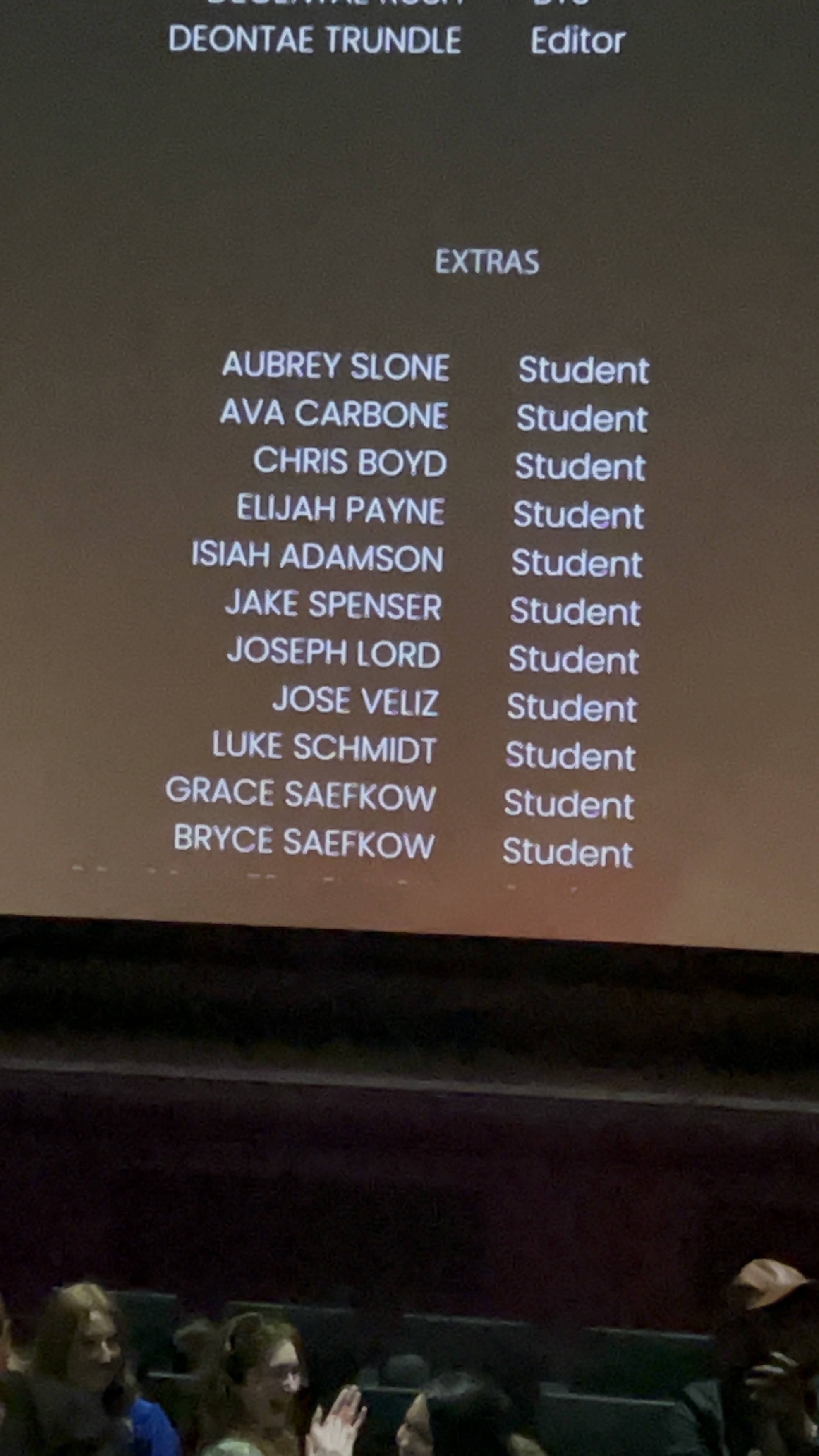 List of names and roles on a dark background, mostly students, with some extras and an editor.