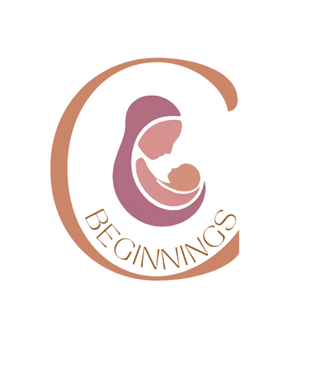 Logo with a stylized mother and child inside a large letter C, with the word 'BEGINNINGS' below, on a black background.