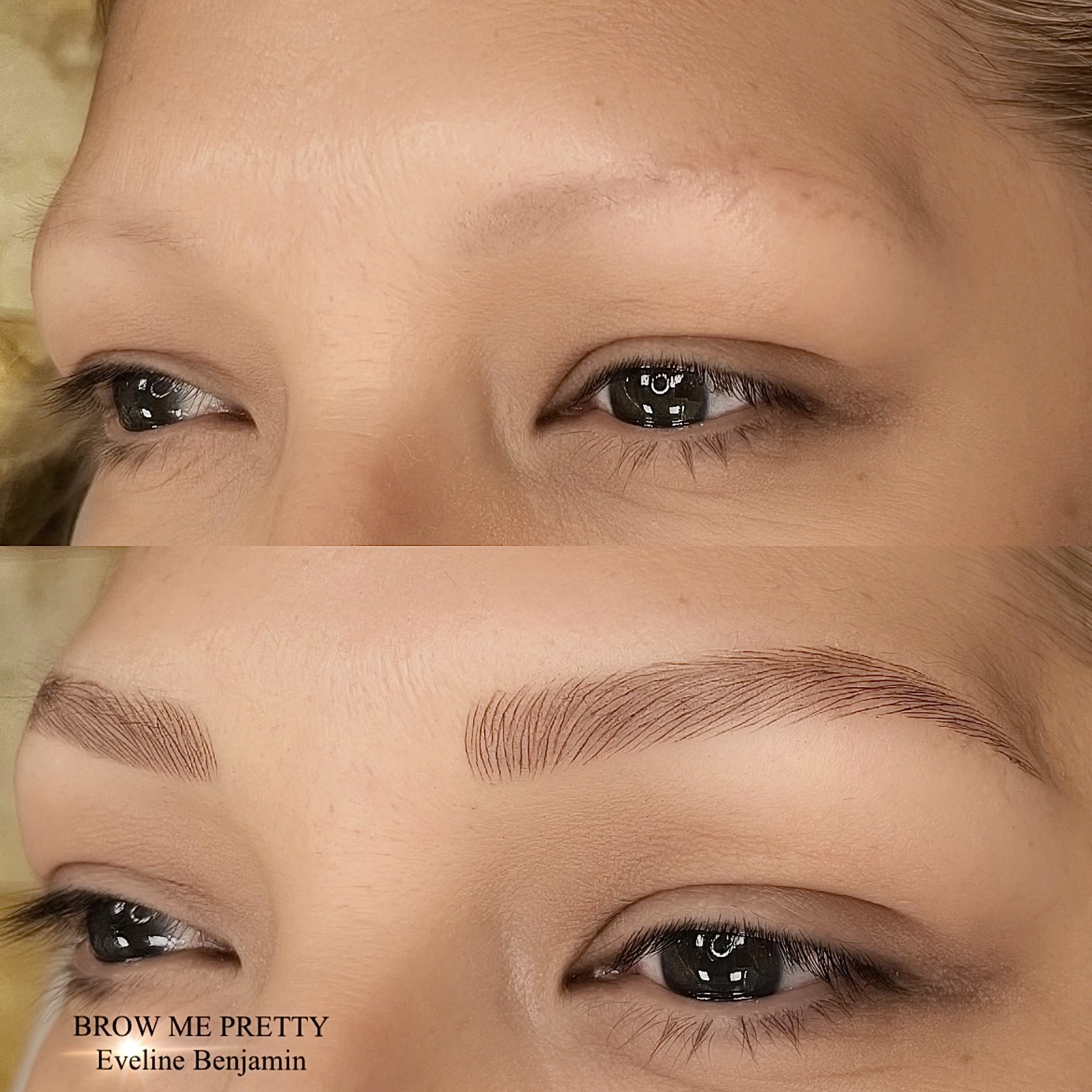 Close-up of a person's eyes and eyebrows, showing before and after eyebrow grooming, with clear skin and natural eye color.
