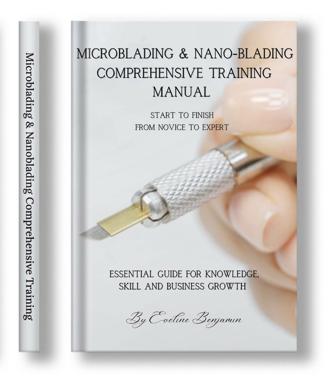 Book cover titled 'Microblading & Nano-Blading Comprehensive Training Manual' with a hand holding a microblading tool, text about training and knowledge.