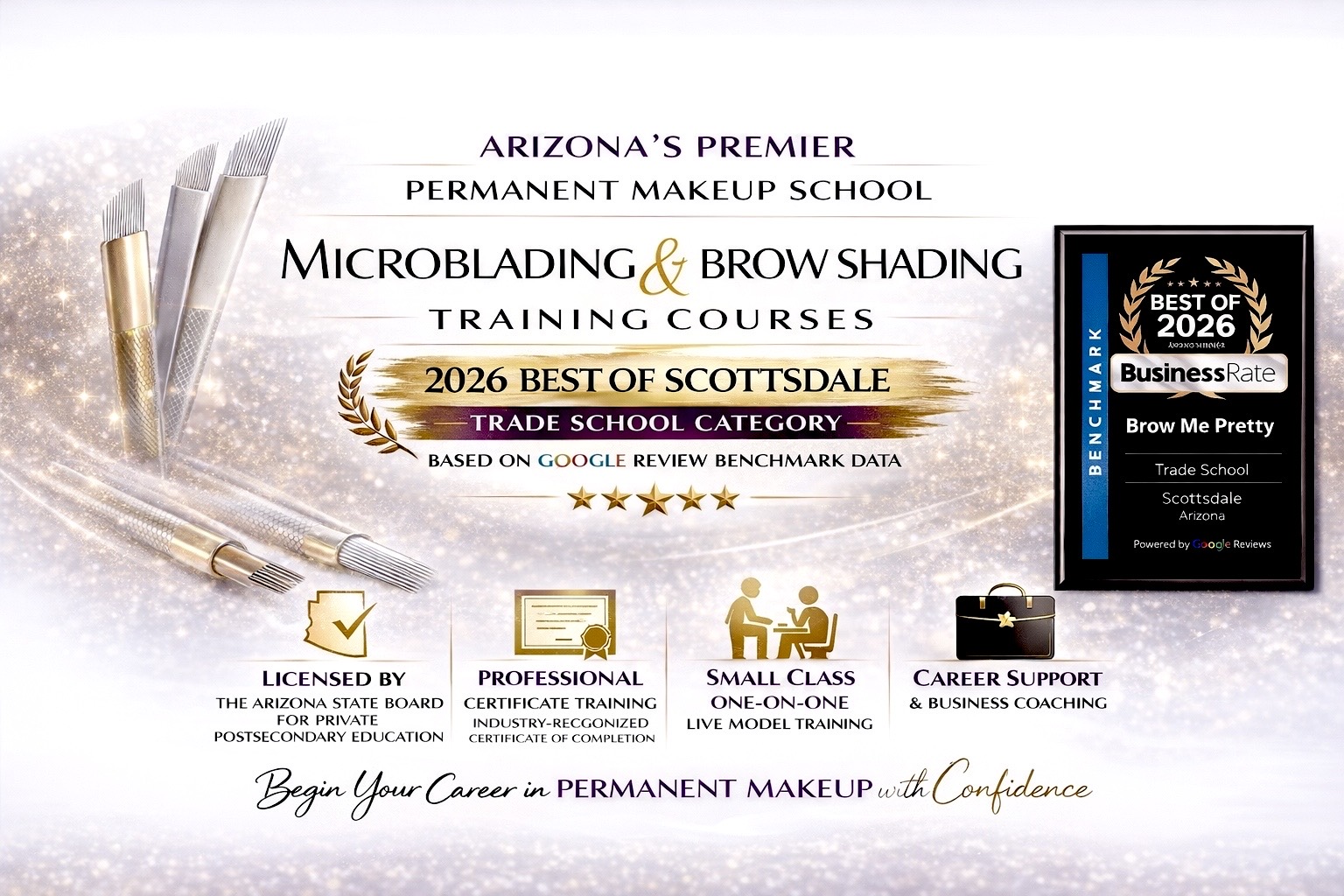 Certificate for microblading and brow shading training course, with makeup brushes and a badge, text about Scottsdale school, and a black award badge.
