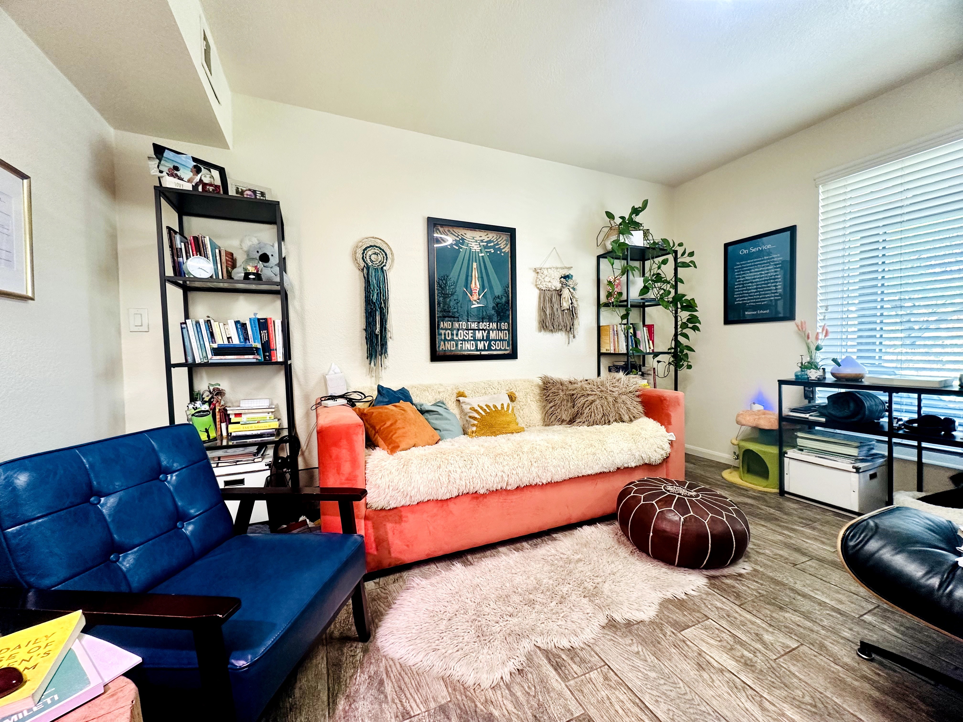 Living room with pink sofa, blue armchair, bookshelf, window, and decorative items, with a rug and dark wood flooring.