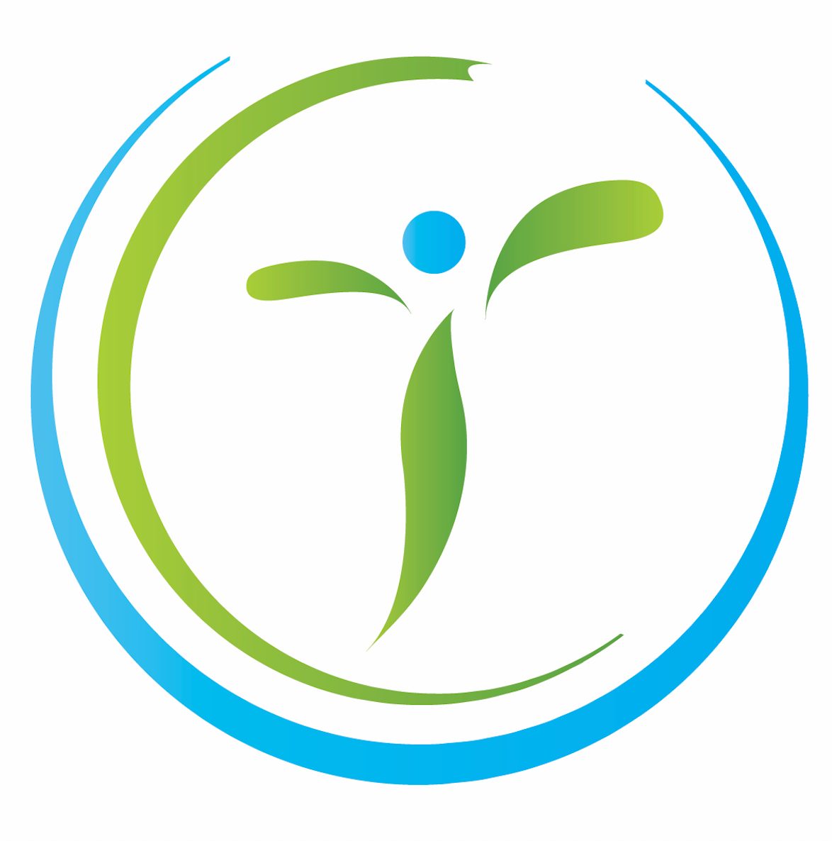 Abstract human figure with green and blue elements, surrounded by a circular design, representing health or wellness.
