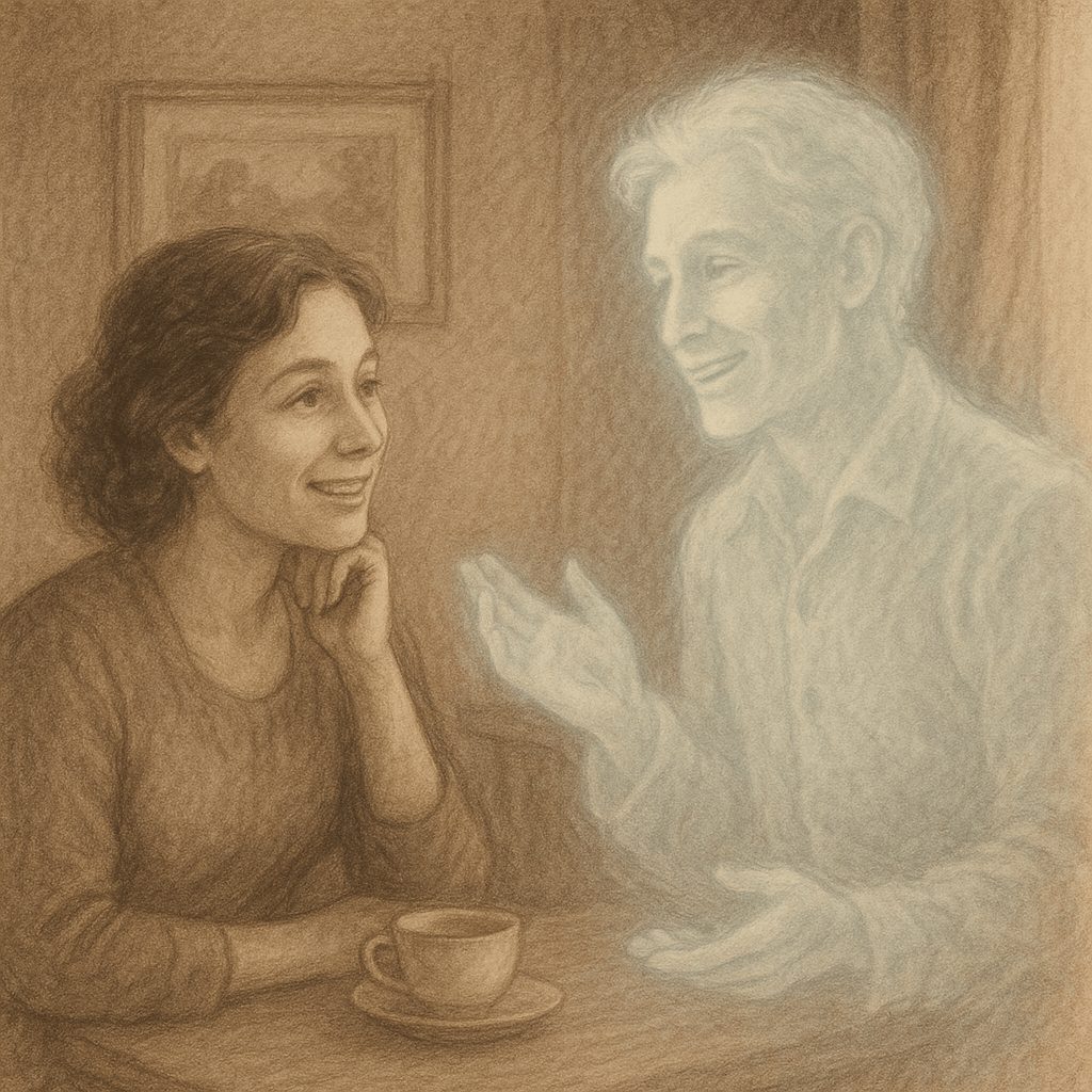 Two women sit at a table, smiling and talking, one with her hand on her chin, the other gesturing with her hand.