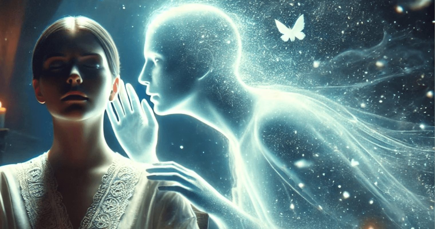A woman with a glowing, ethereal figure behind her, surrounded by stars and a butterfly, in a fantasy scene.