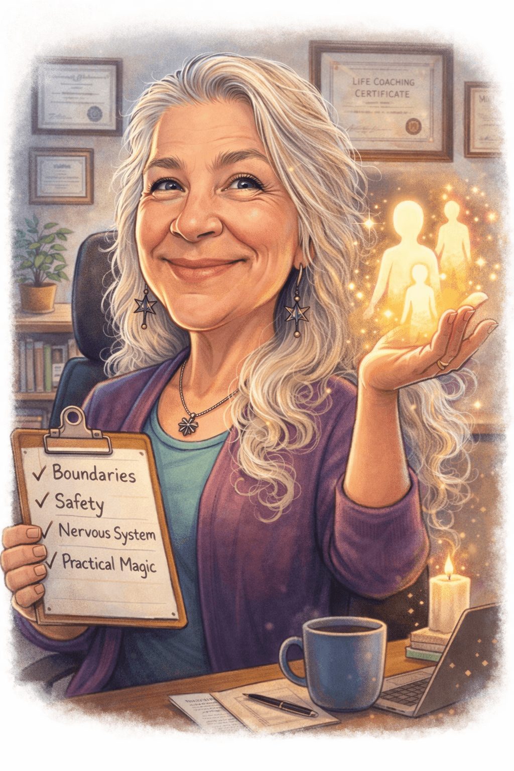 Elderly woman with long gray hair smiling, holding a glowing light figure in her hand, with certificates on the wall behind her.