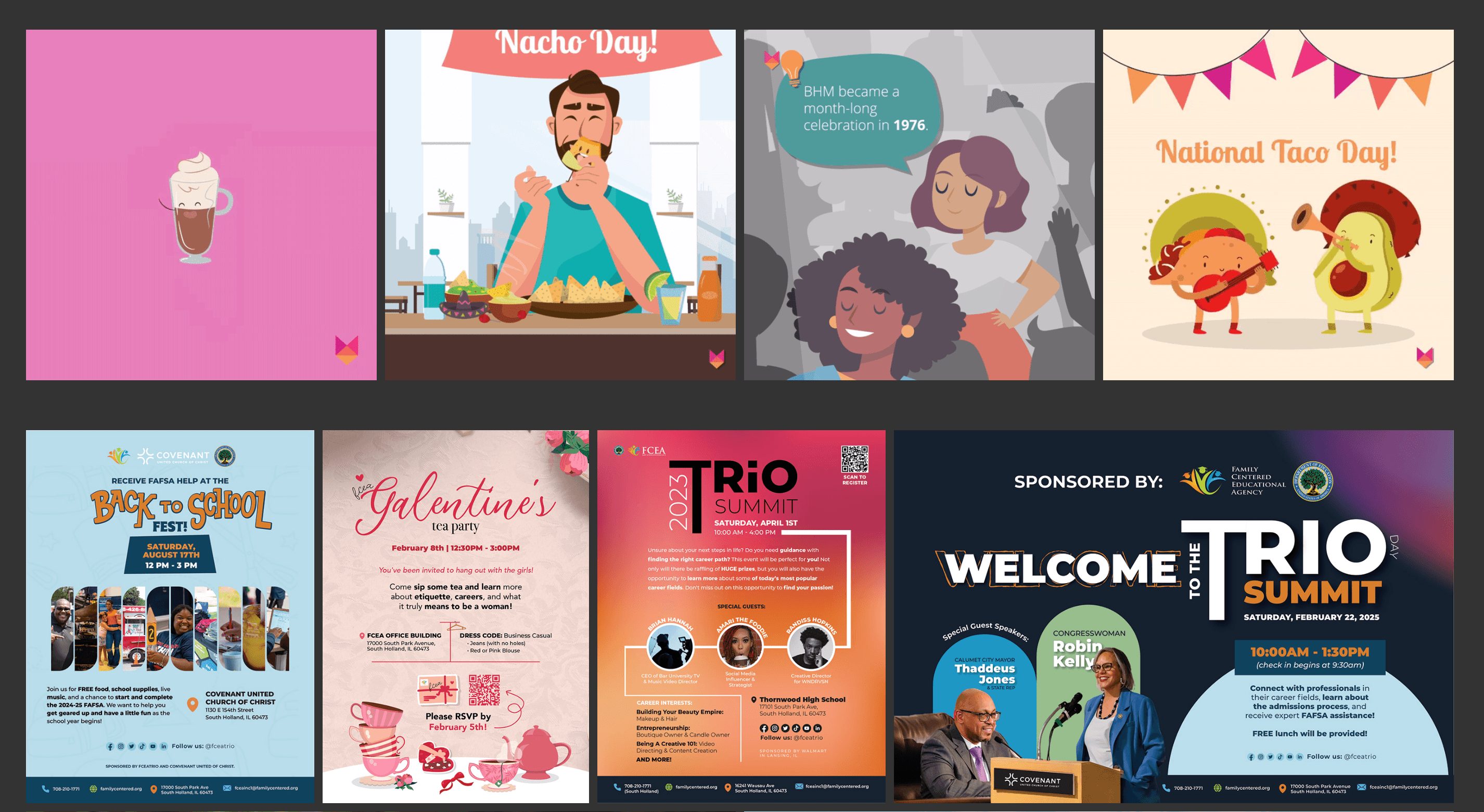 Six event or promotional posters with colorful designs and text, including a cupcake, a woman, and group illustrations.