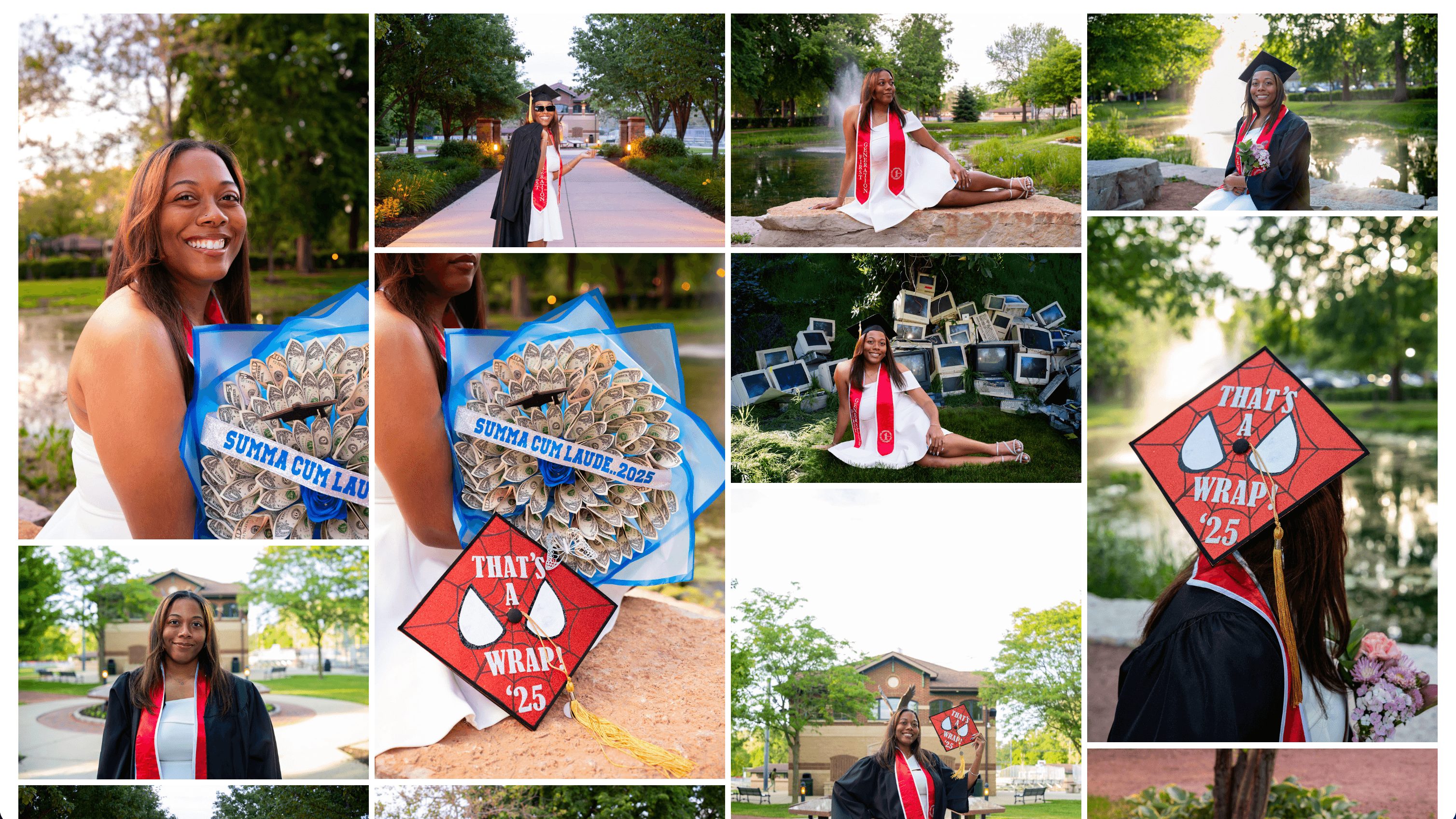 Group of people outdoors, some wearing graduation gowns, holding signs, and sitting on benches in a park-like setting.