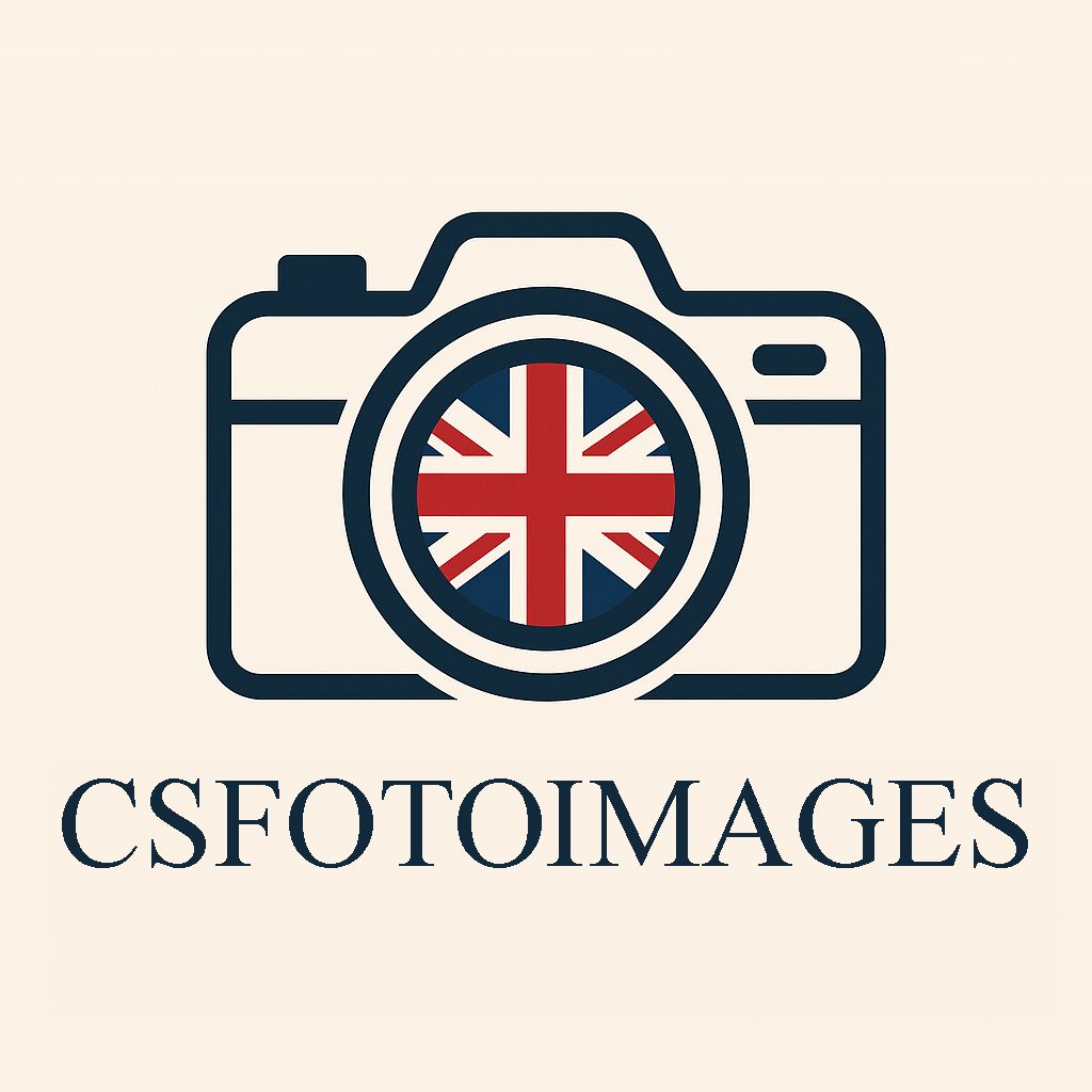 Camera icon with a Union Jack flag inside the lens, and the text 'CSFOTOIMAGES' below.