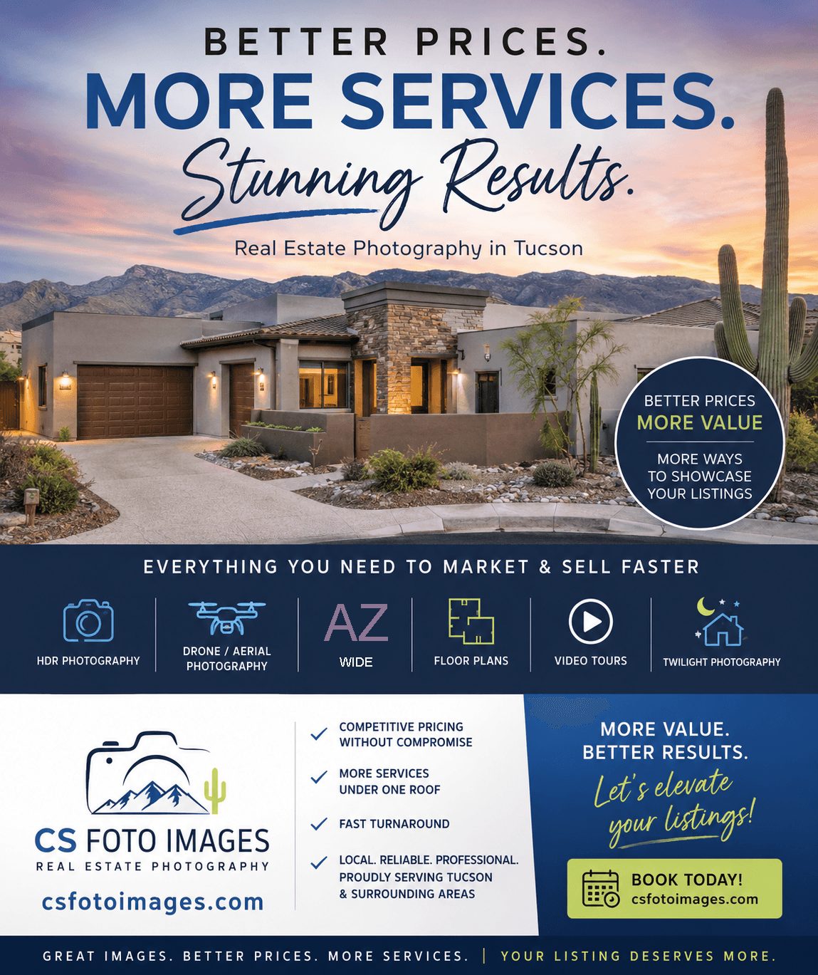 Modern house with desert landscape, cacti, and sunset sky, promoting real estate photography services in Tucson.
