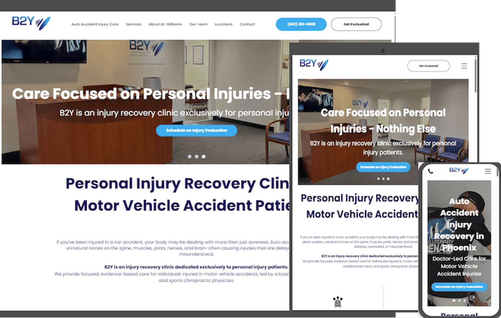 Website homepage for personal injury recovery clinic with text about injury care and vehicle accident patients, displayed on desktop, tablet, and phone.