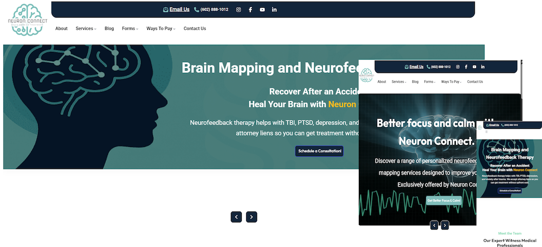 Two overlapping website screens showing brain mapping and neurofeedback content, with text about focus, calm, and recovery.