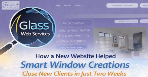 Website homepage with logo, text, and an image of a modern interior window, promoting glass web services.