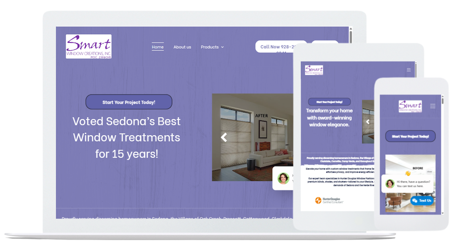 Screens displaying a website about window treatments, with a purple theme and images of interior windows.