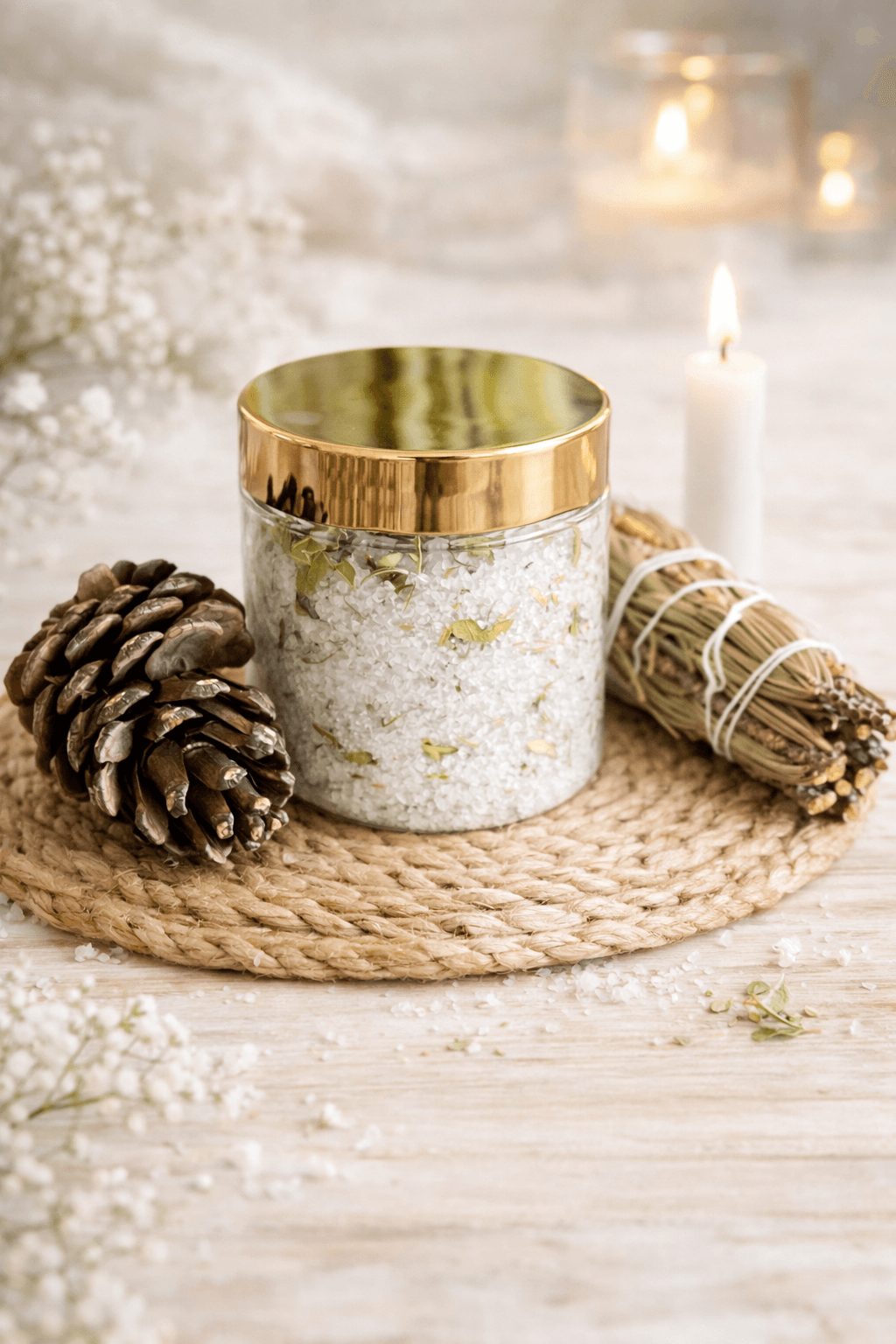 Decorative candle holder with pine cone, bundle of herbs, candle, and flowers on woven mat, soft background.