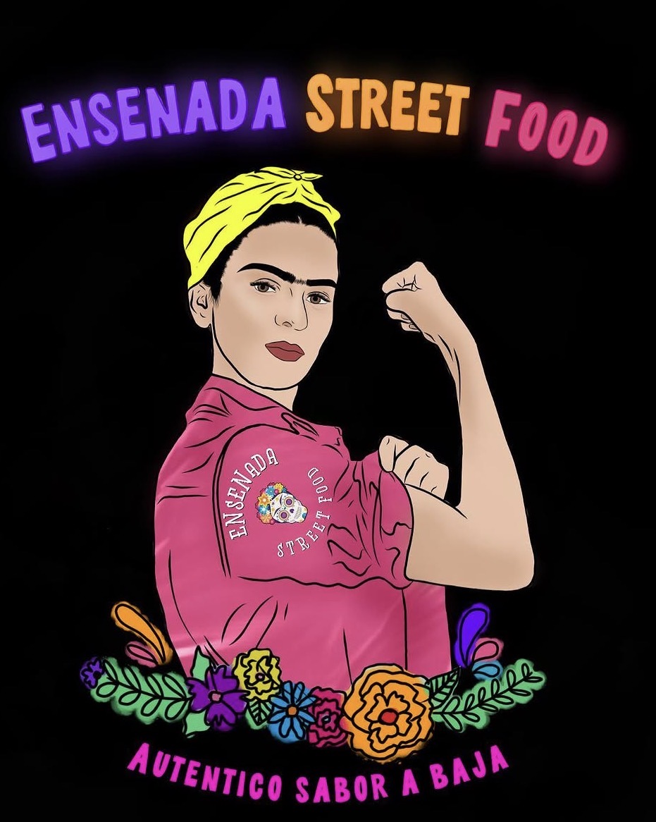 Illustration of a woman with a yellow headscarf flexing her arm, surrounded by colorful flowers, with text about street food.